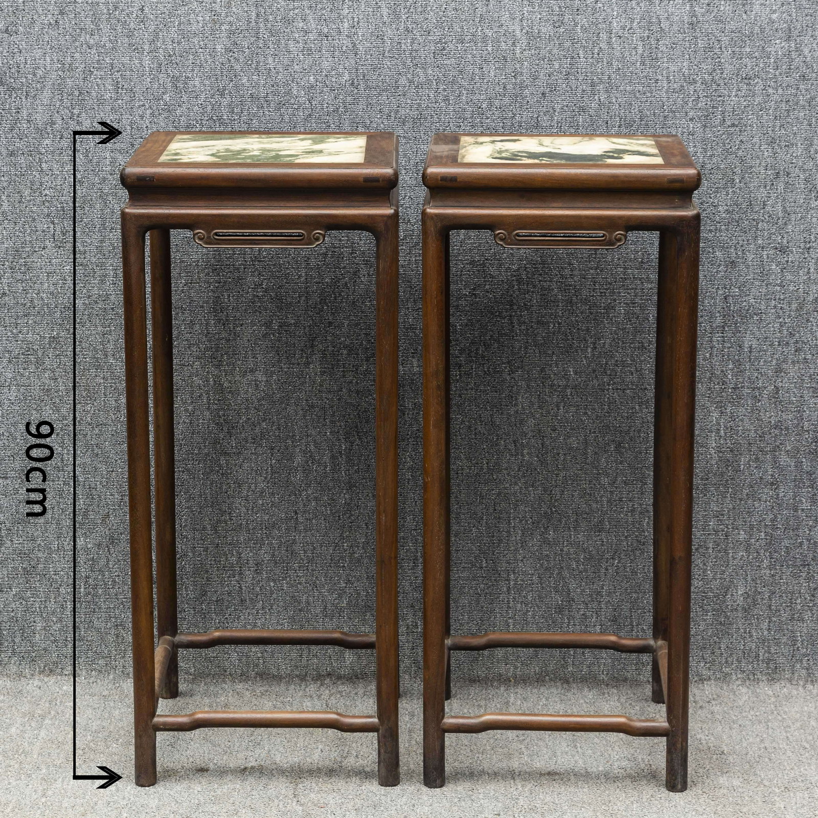 A SET OF HUANGHUALI WOOD FLOWER TABLES.: A Set of Huanghuali Wood Flower Tables, with Marble Inlay.