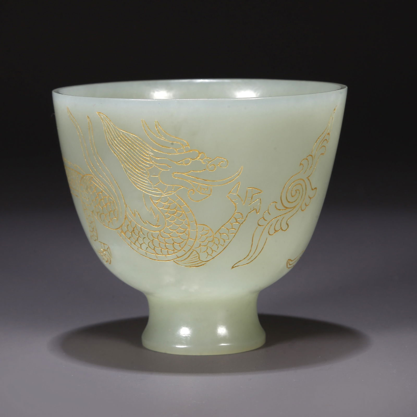 A HETIAN JADE CUP, WITH GOLDEN DRAGON DESIGN. (1 of 8)