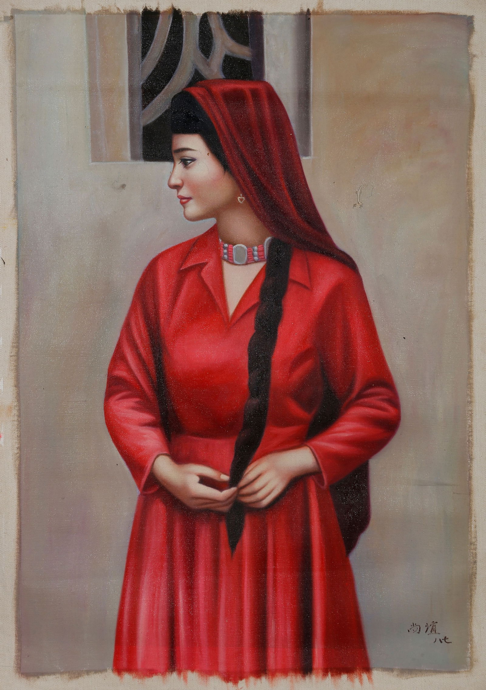 A CLOTH OIL PAINTING OF FIGURES BY JIN SHANGYI.靳尚谊: Cloth oil painting of figures by Jin Shangyi.靳尚谊