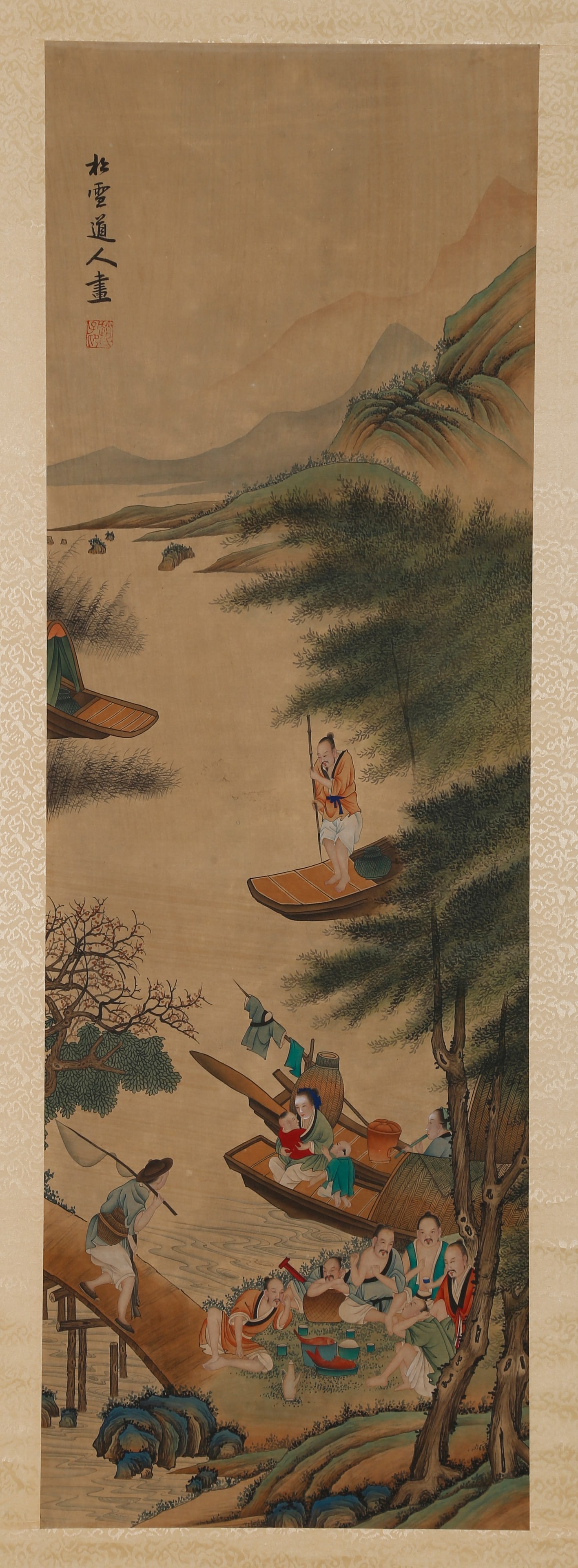 A SILK PAINTING OF FIGURES BY ZHAO MENGFU.赵孟頫: Silk painting of figures by Zhao Mengfu.赵孟頫