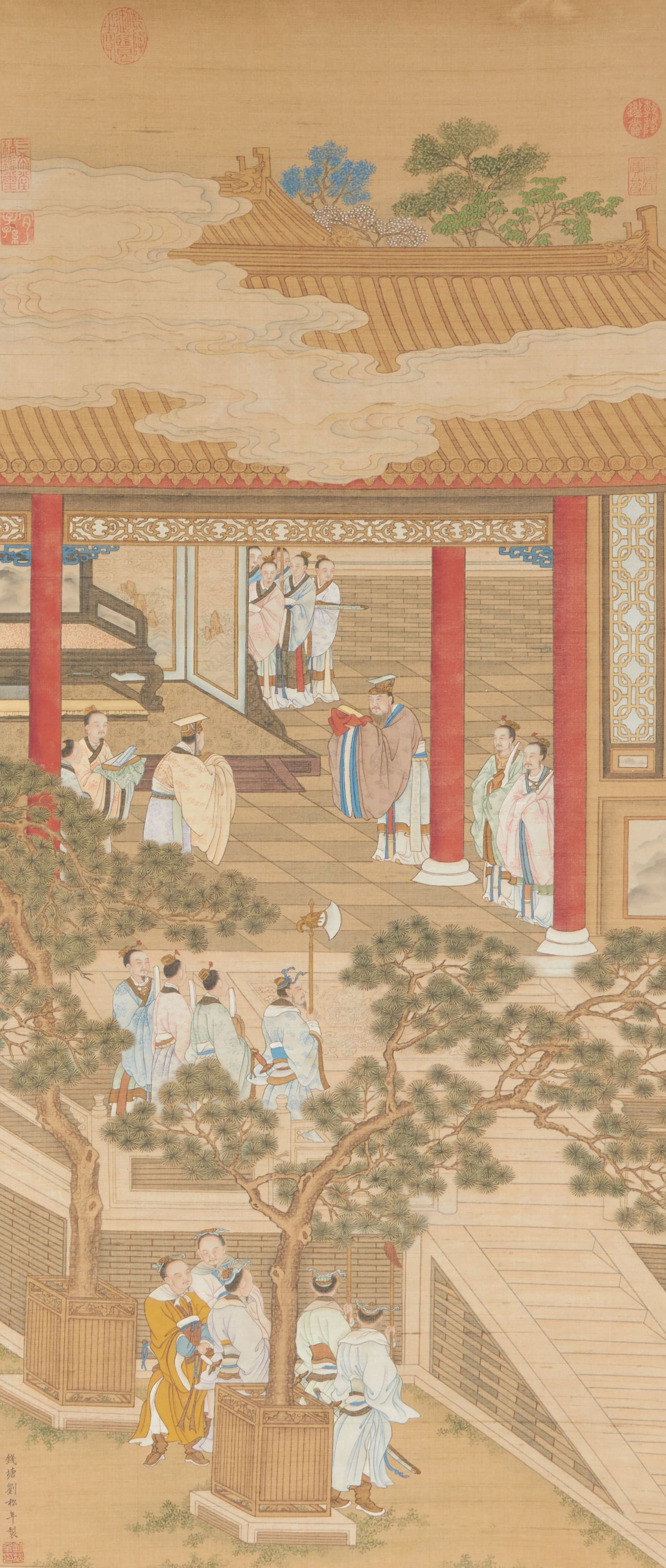 A SILK PAINTING BY LIU SONGNIAN OF THE EMPEROR VISITING THE WISE.刘松年: Silk Painting by Liu Songnian of the Emperor Visiting the Wise.刘松年