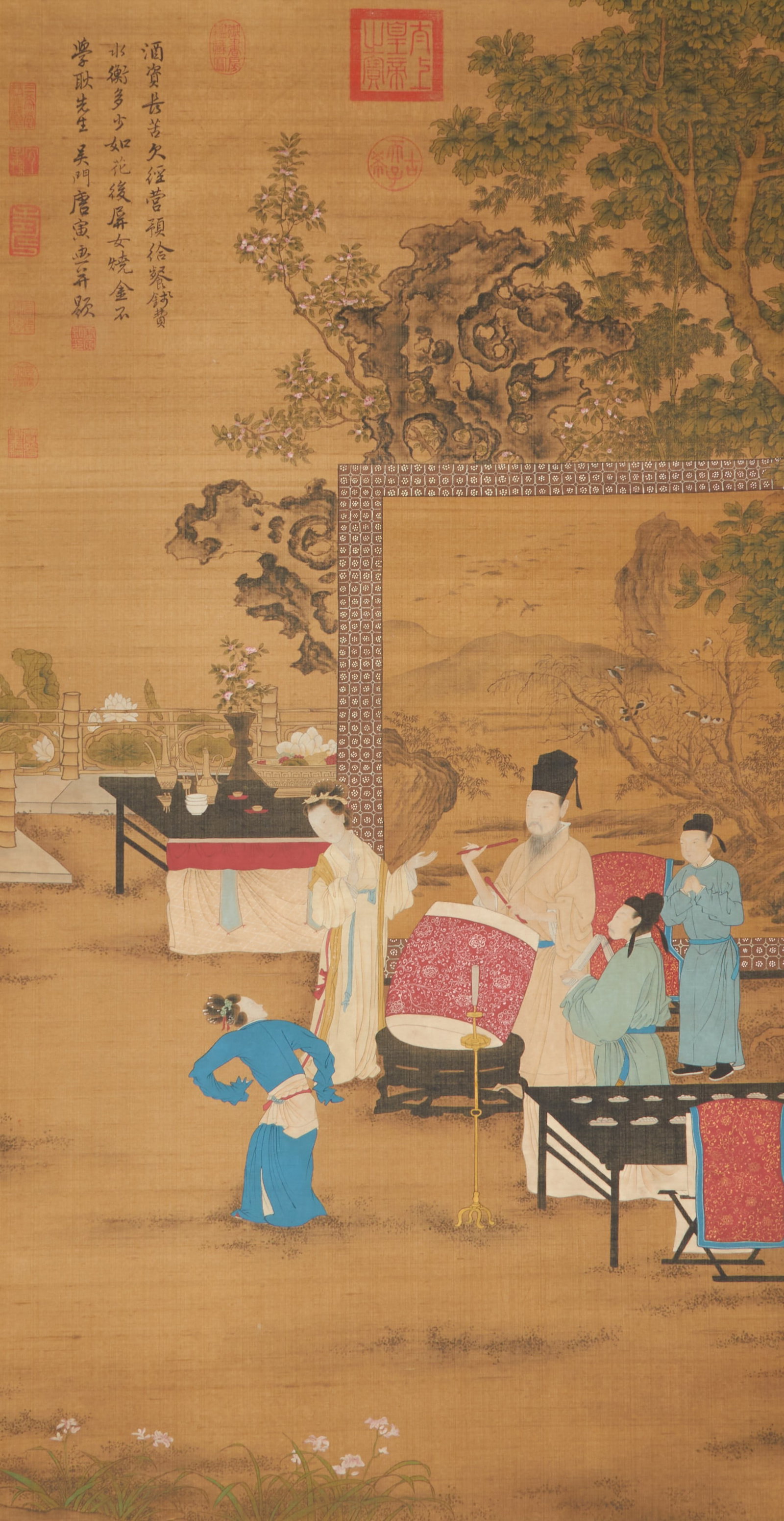A SILK PAINTING BY TANG BOHU OF NIGHT BANQUET.唐伯虎: Silk Painting by Tang Bohu of Night Banquet.唐伯虎