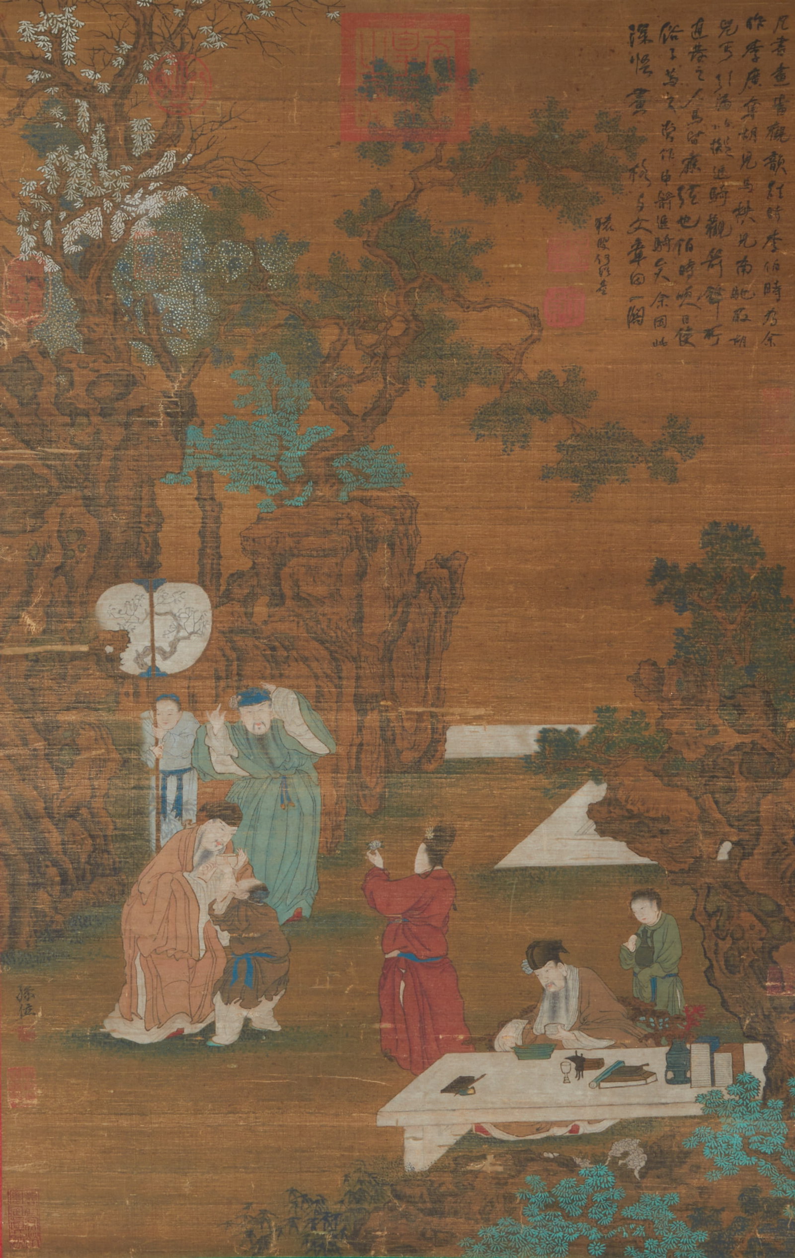 A SILK PAINTING BY SUN WEI OF FIGURE STORIES.孙位: Silk painting by Sun Wei of figure stories.孙位