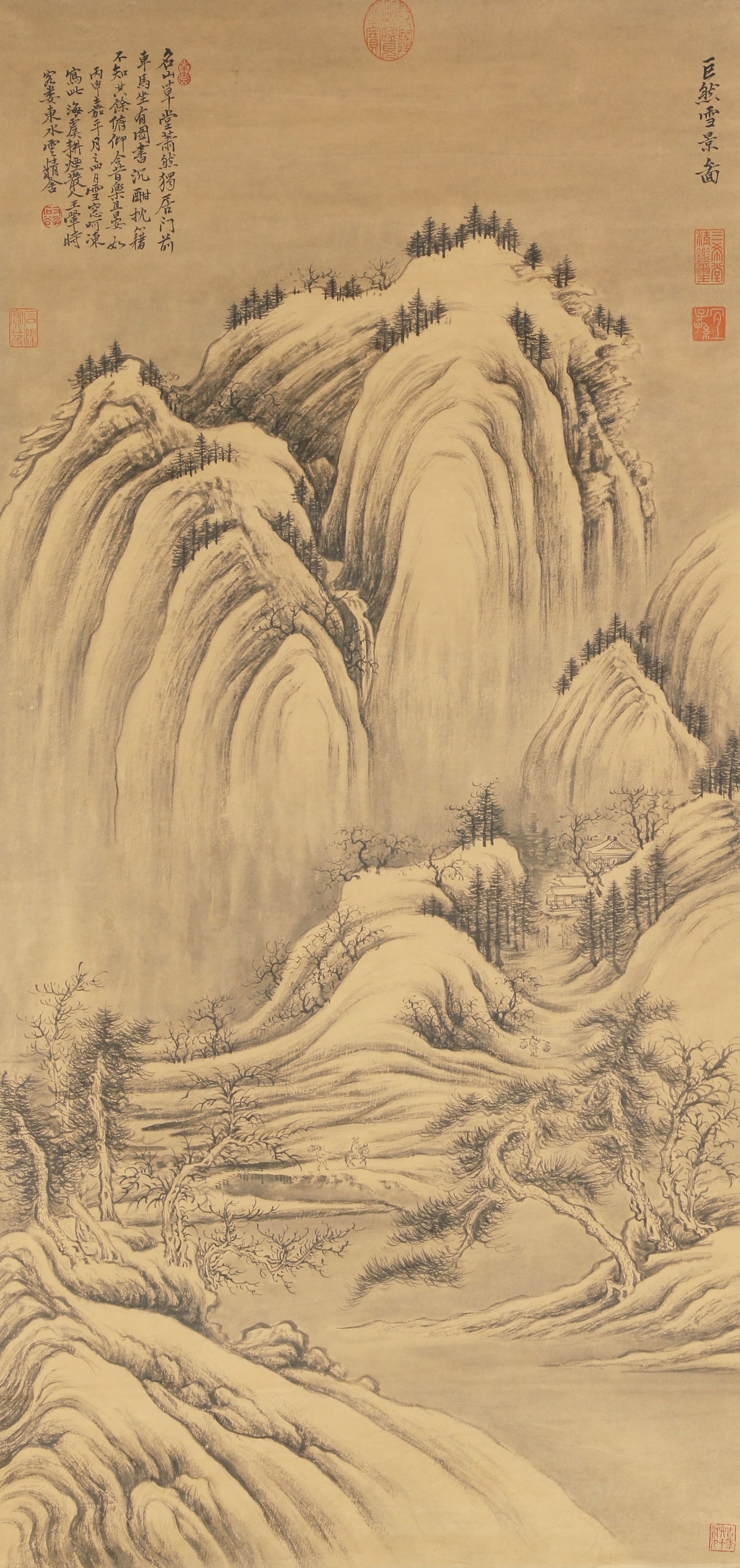 A PAPER PAINTING OF A SNOWY LANDSCAPE INSPIRED BY JU RAN, BY WANG HUI.王翚巨: Paper painting of a snowy landscape inspired by Ju Ran, by Wang Hui.王翚巨然