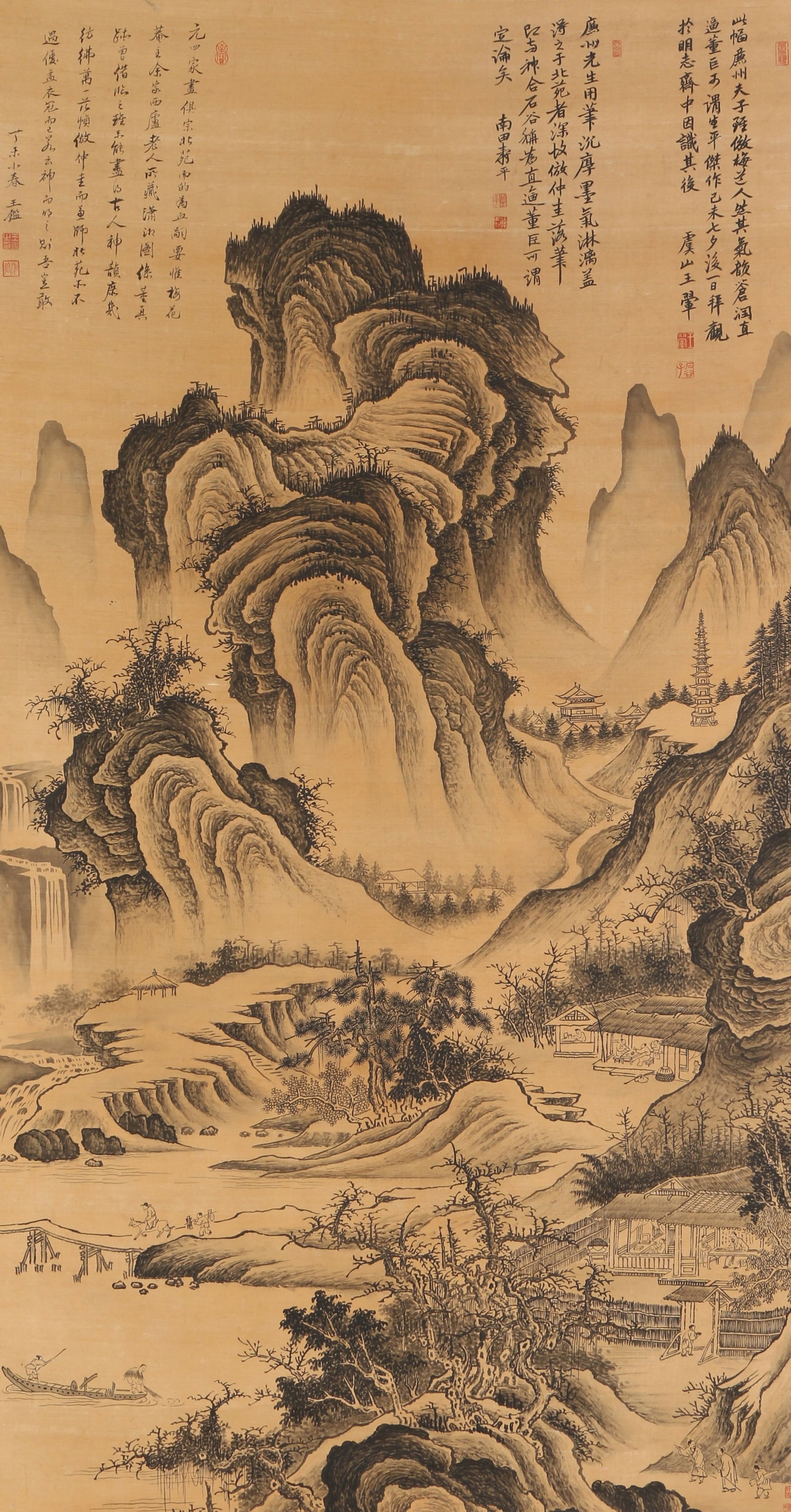 A SILK PAINTING OF A LANDSCAPE BY WANG HUI.王翚: Silk painting of a landscape by Wang Hui.王翚