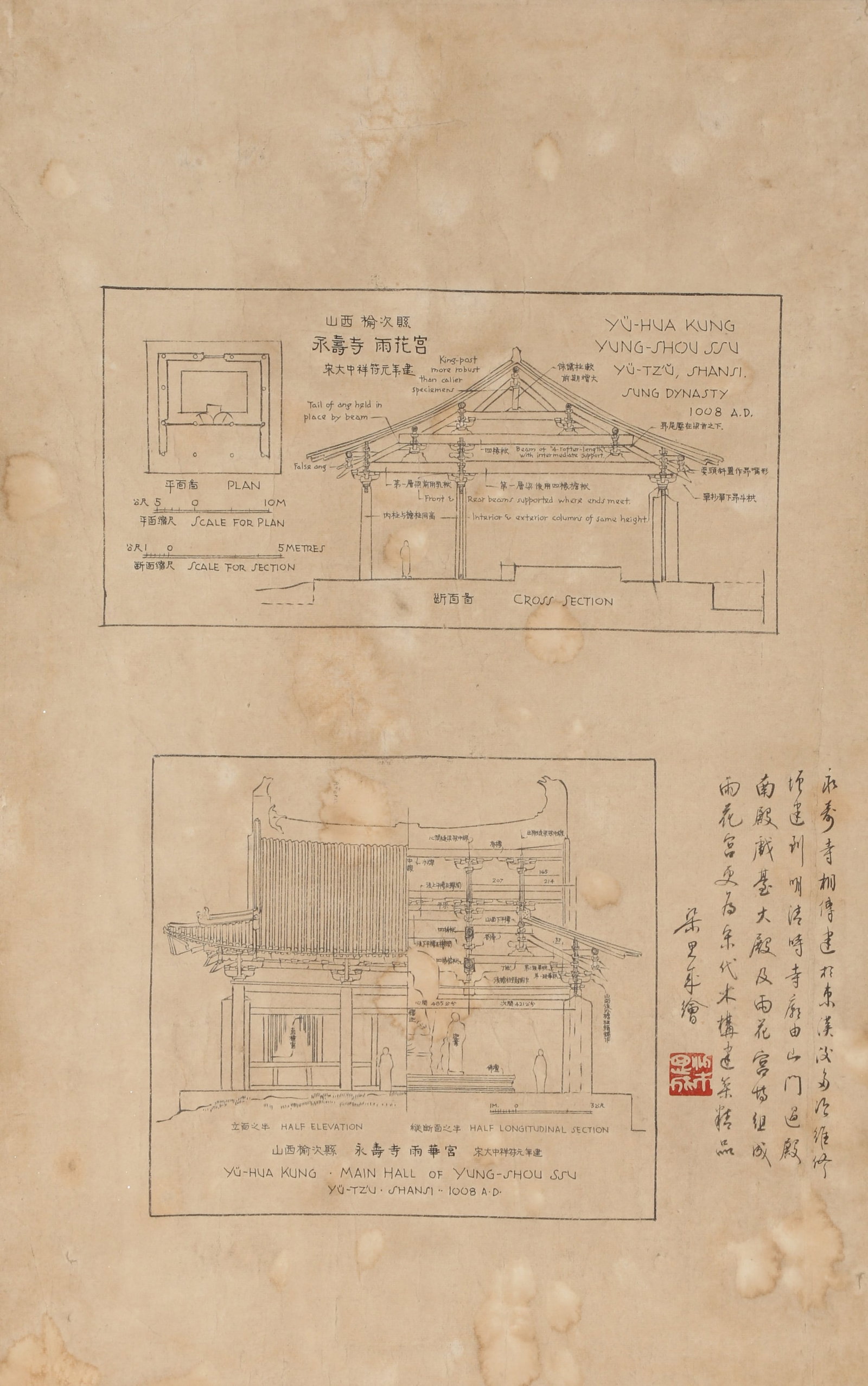 A PAPER DRAWING BY LIANG SICHENG OF ANCIENT ARCHITECTURAL DESIGNS.梁思成: Paper drawing by Liang Sicheng of ancient architectural designs.梁思成