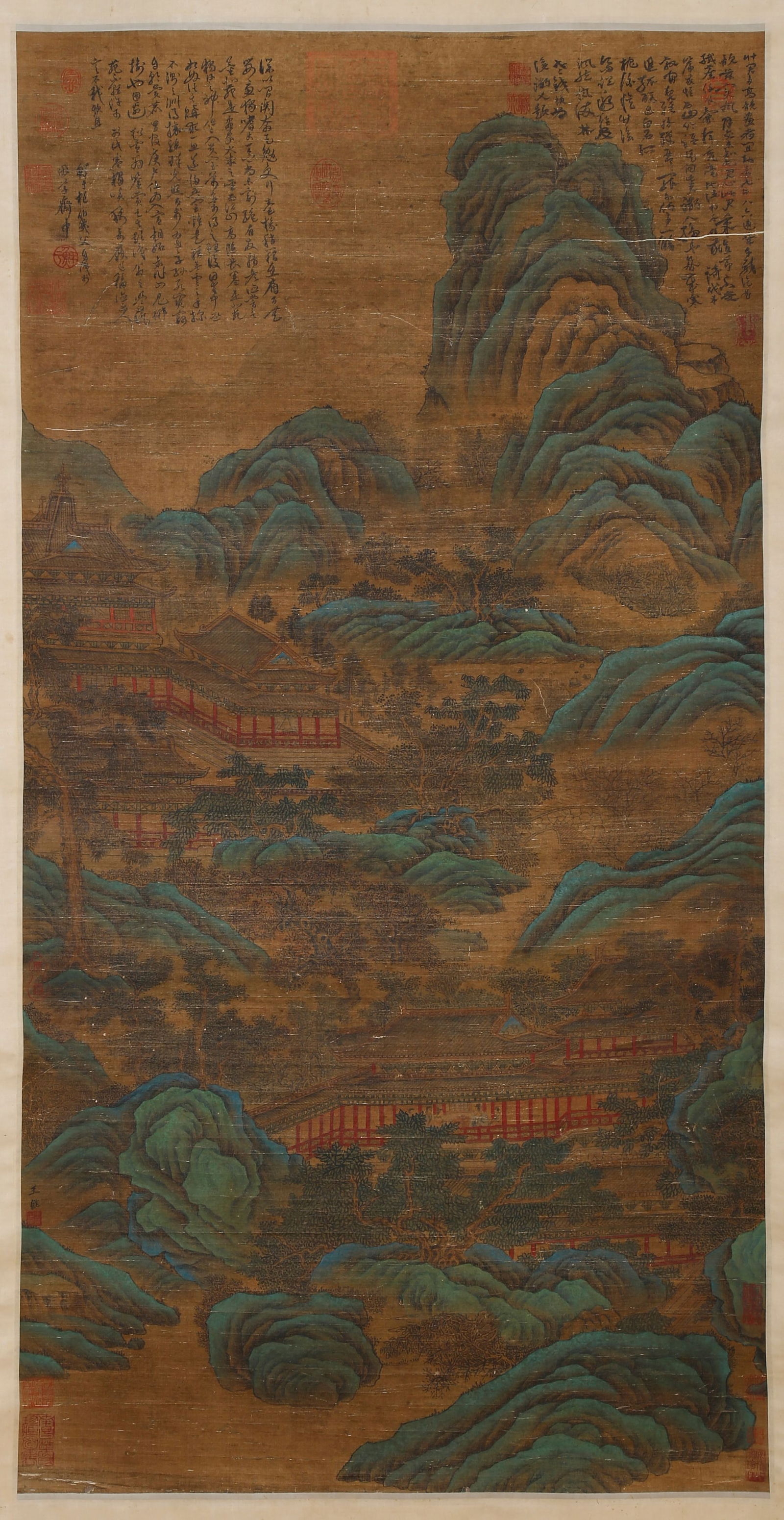 A SILK PAINTING OF LANDSCAPE AND PAVILION BY WANG WEI.王维: Silk painting of Landscape and Pavilion by Wang Wei.王维