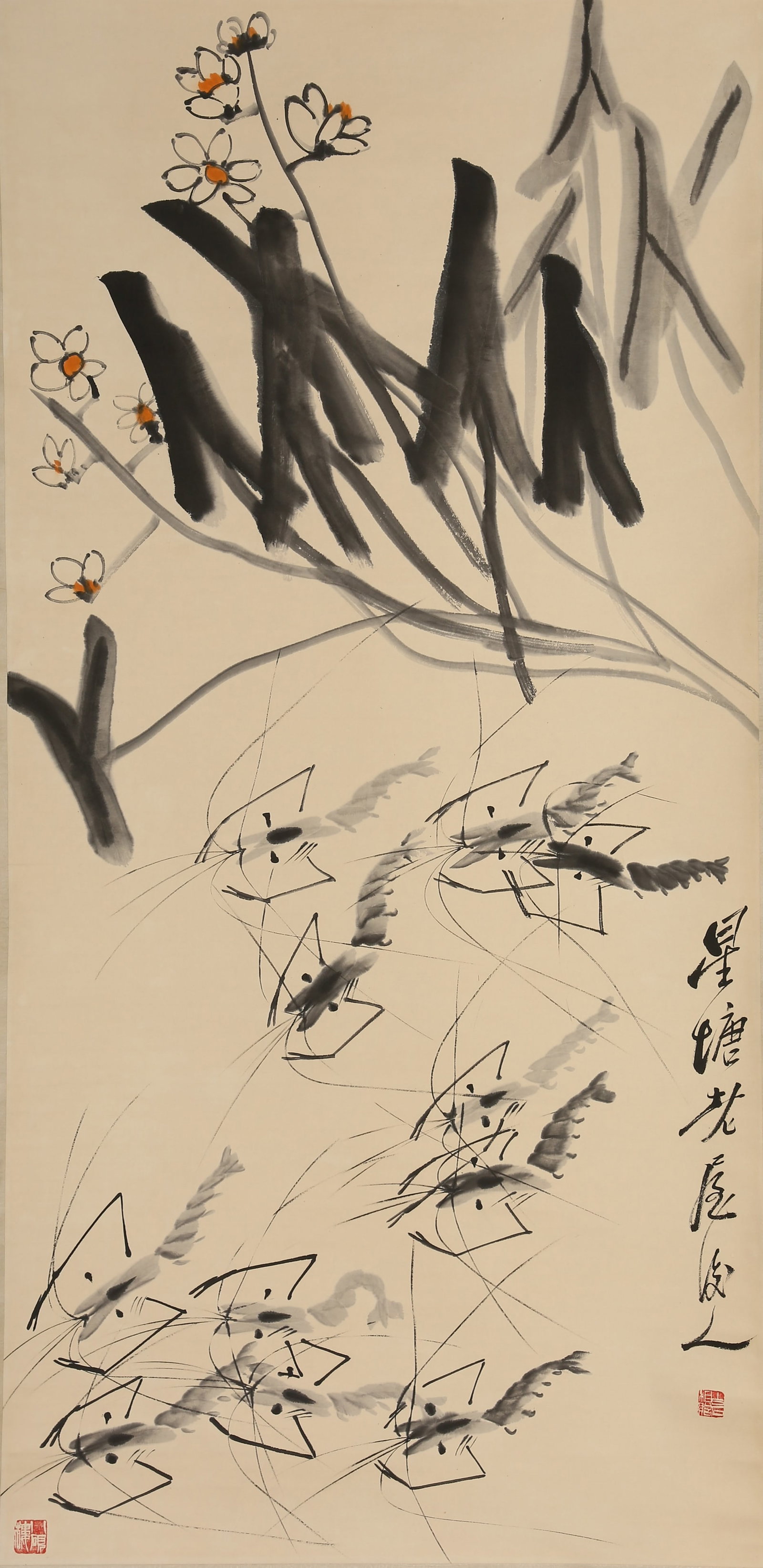 A SHRIMPS PAINTING ON PAPER BY QI BAISHI.齐白石: Shrimps Painting on Paper by Qi Baishi.齐白石