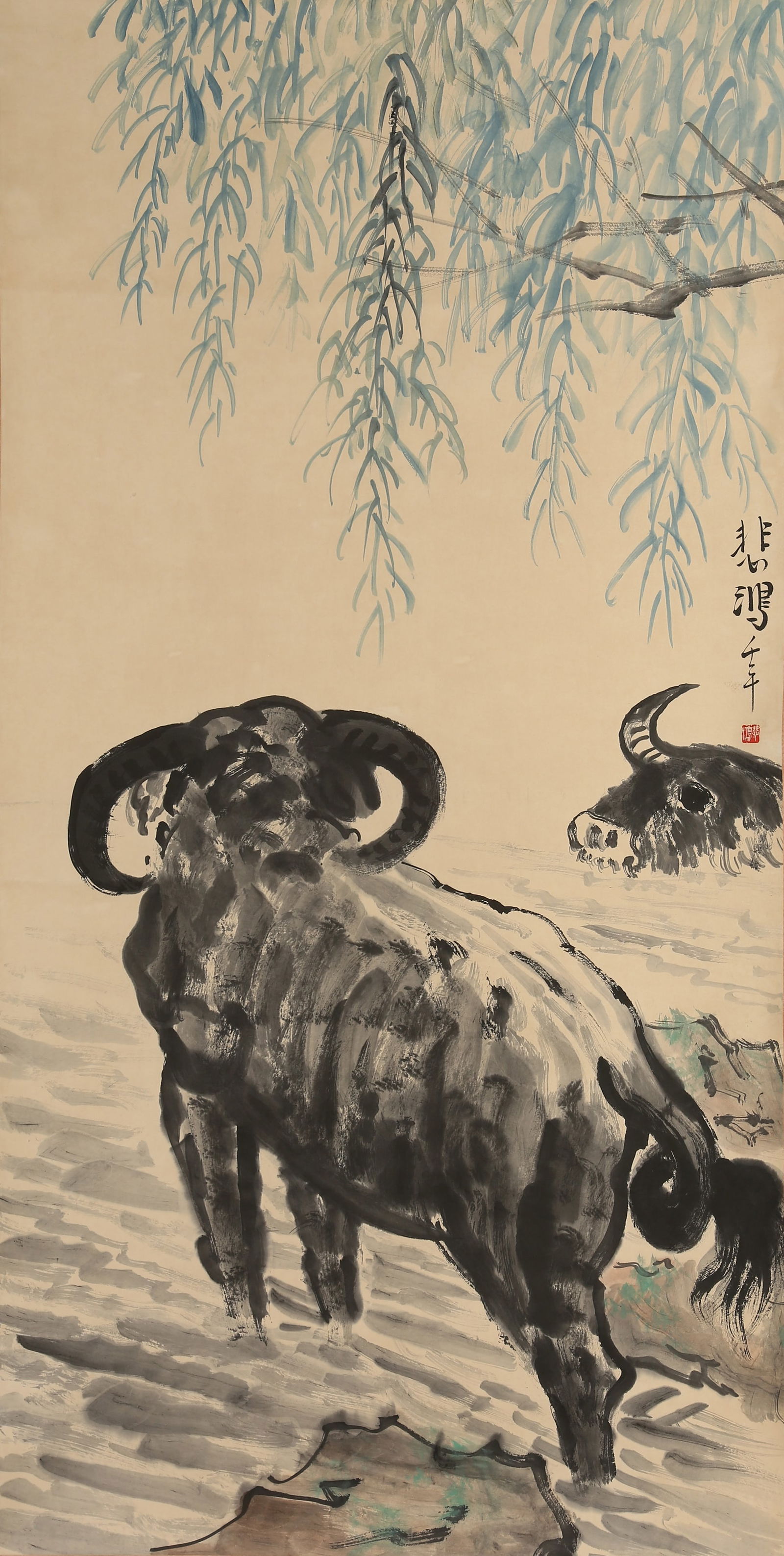 A PLOWING OX PAINTING ON PAPER BY XU BEIHONG.徐悲鸿: Plowing Ox Painting on Paper by Xu Beihong.徐悲鸿