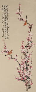 A PAINTING OF FLOWERS AND BIRDS ON PAPER BY WANG ZHEN.王震: Painting of flowers and birds on paper by Wang Zhen.王震