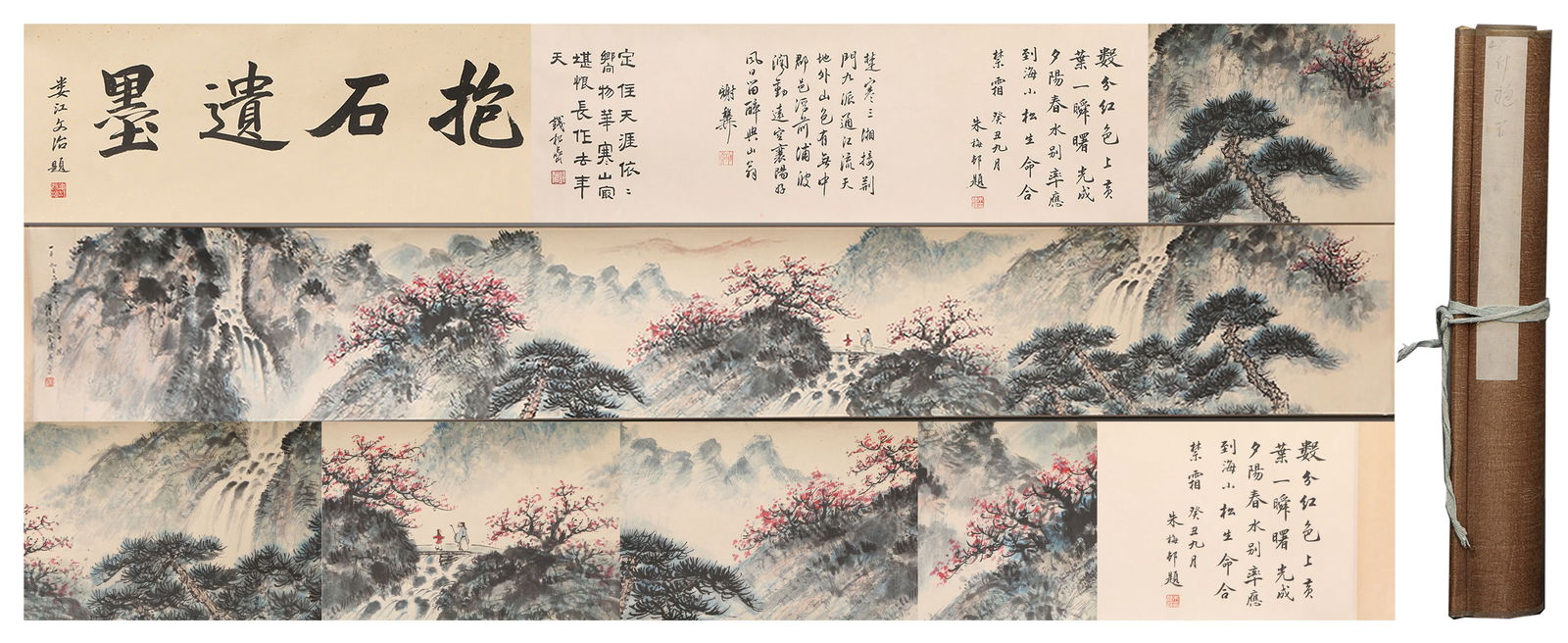 A PAPER HANDSCROLL PAINTING OF LANDSCAPES BY FU BAOSHI.傅抱石: Paper handscroll painting of landscapes by Fu Baoshi.傅抱石