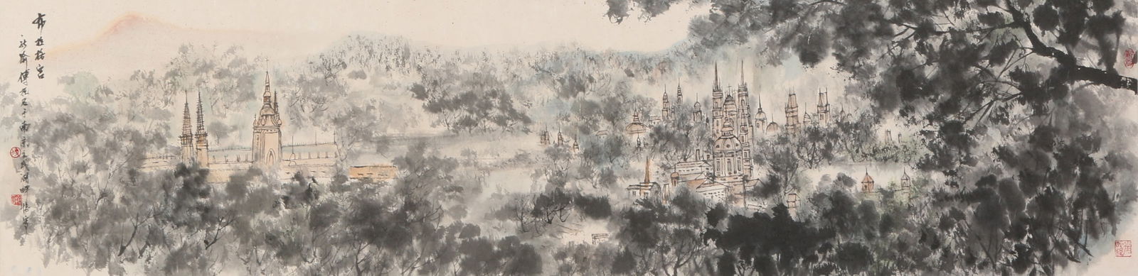A PAPER PAINTING OF LANDSCAPE AND PAVILIONS BY FU BAOSHI (FRAMED).傅抱石: Paper painting of landscape and pavilions by Fu Baoshi (framed).傅抱石