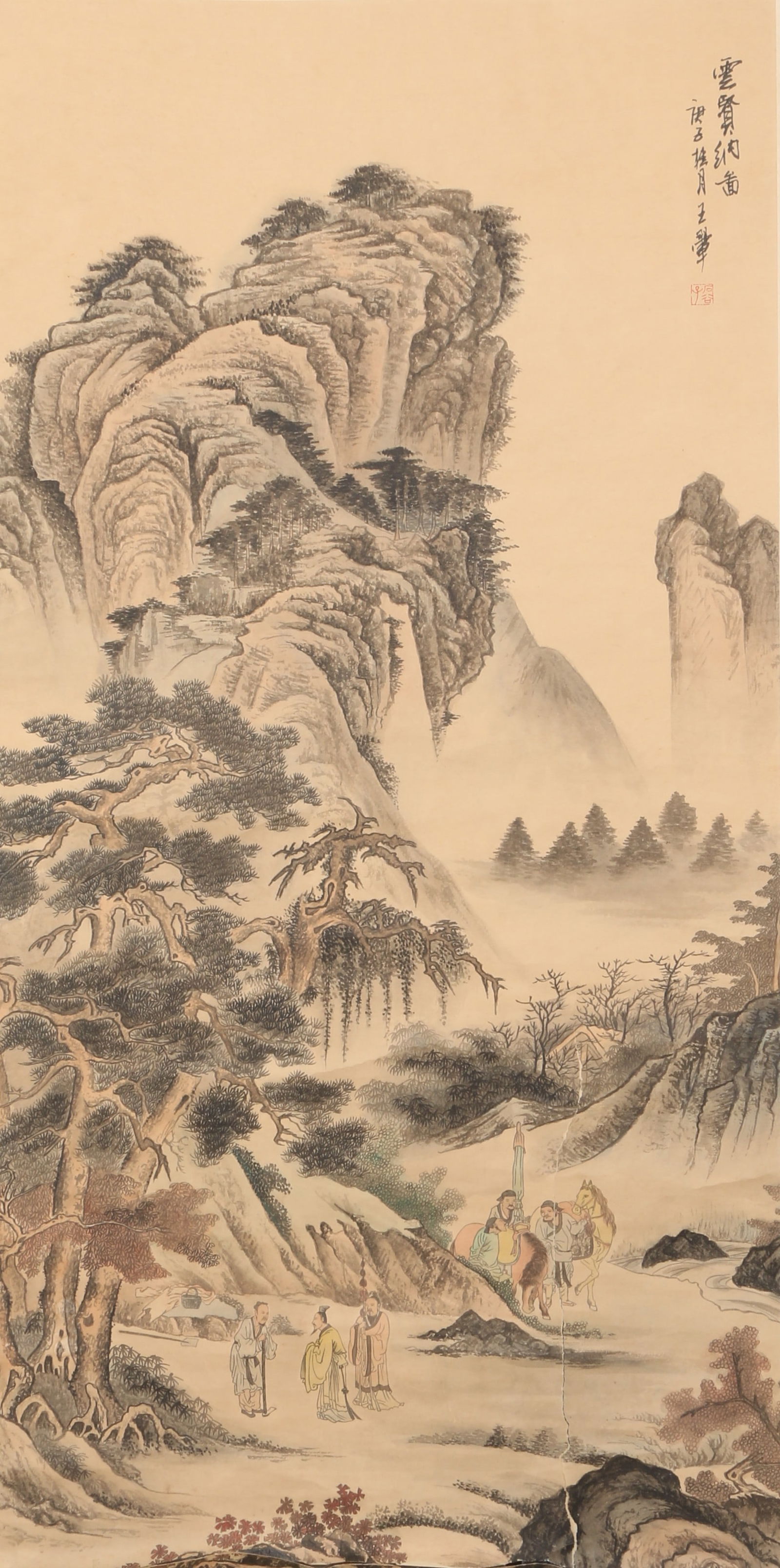 A LANDSCAPE AND FIGURE STORY PAINTING ON PAPER BY WANG HUI.王翚: Landscape and Figure Story Painting on Paper by Wang Hui.王翚