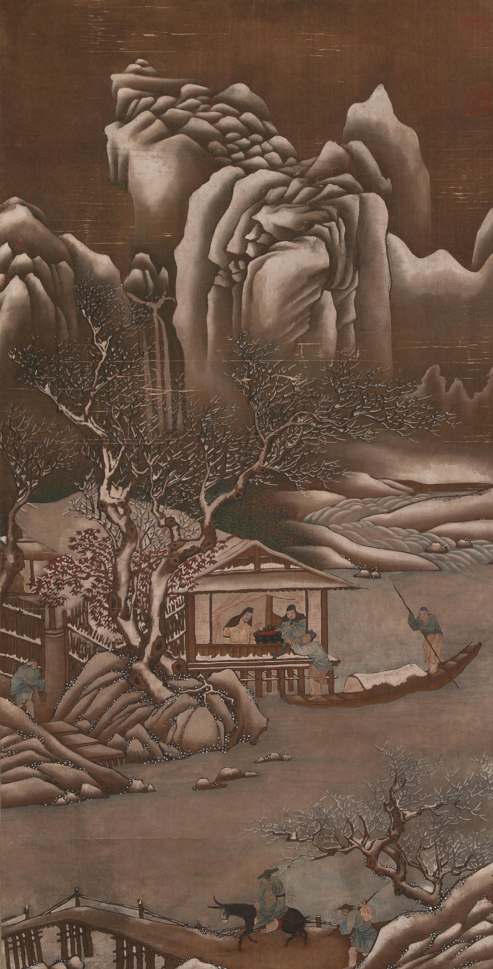 A SILK PAINTING OF LANDSCAPE AND FIGURES BY LI CHENG.李成: Silk painting of landscape and figures by Li Cheng.李成