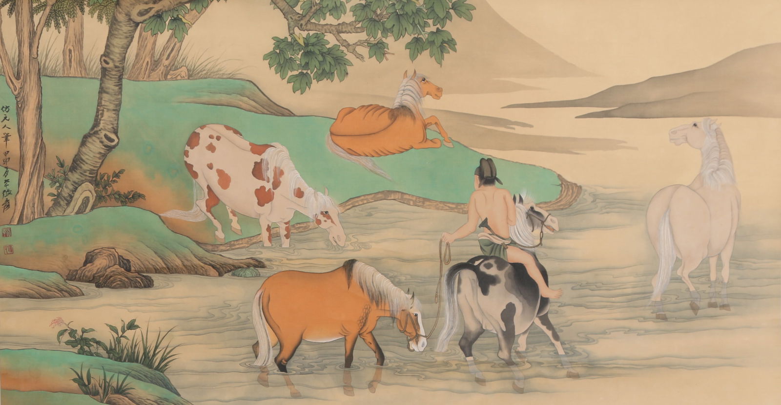 A HORSE AND FIGURE PAINTING ON SILK BY ZHANG DAQIAN.张大千: Horse and figure painting on silk by Zhang Daqian.张大千
