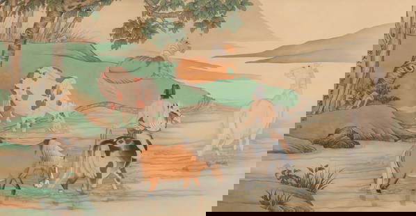 A HORSE AND FIGURE PAINTING ON SILK BY ZHANG DAQIAN.张大千: Horse and figure painting on silk by Zhang Daqian.张大千