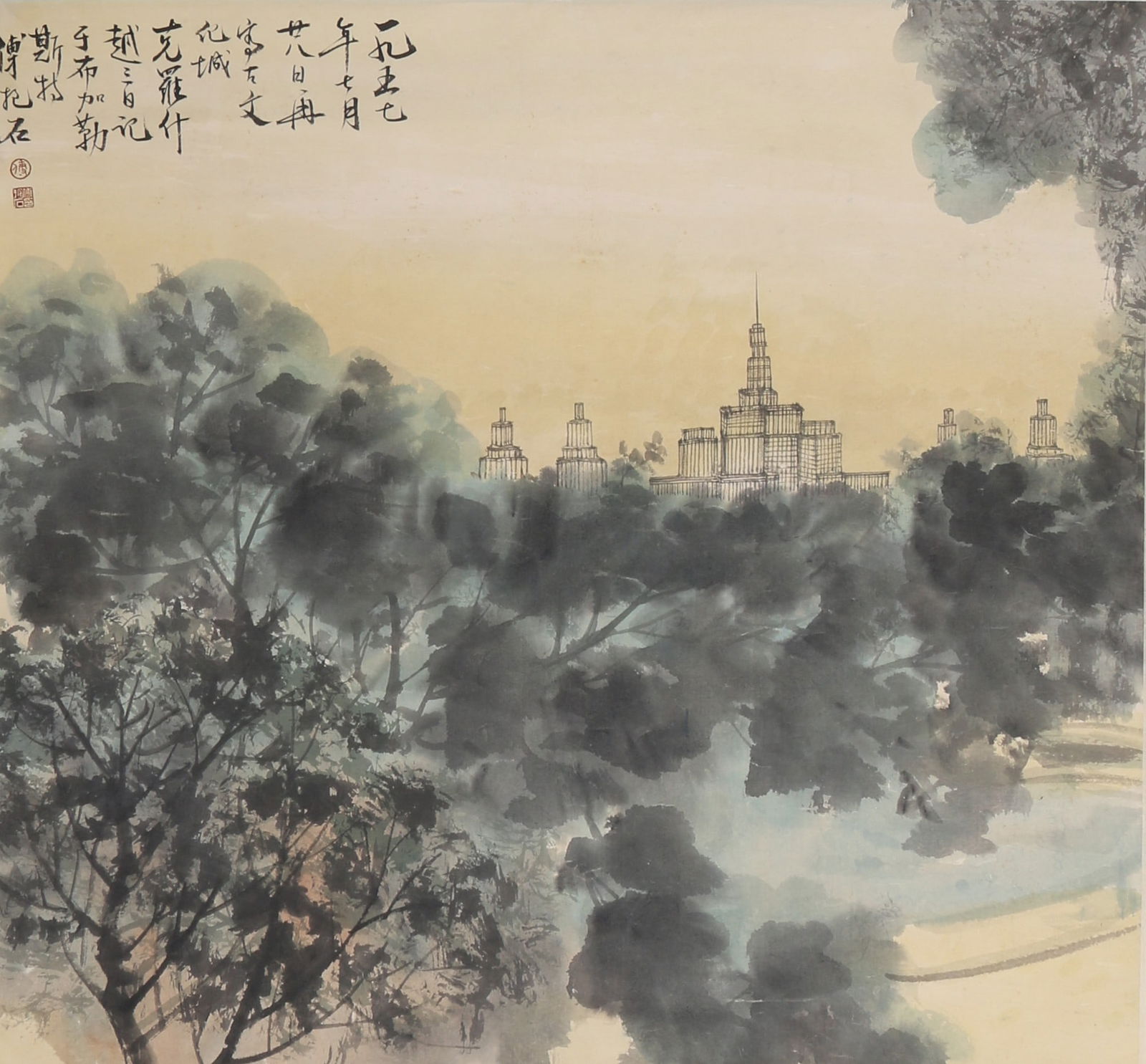 A LANDSCAPE PAINTING (FRAMED) ON PAPER BY FU BAOSHI.傅抱石: Landscape painting (framed) on paper by Fu Baoshi.傅抱石