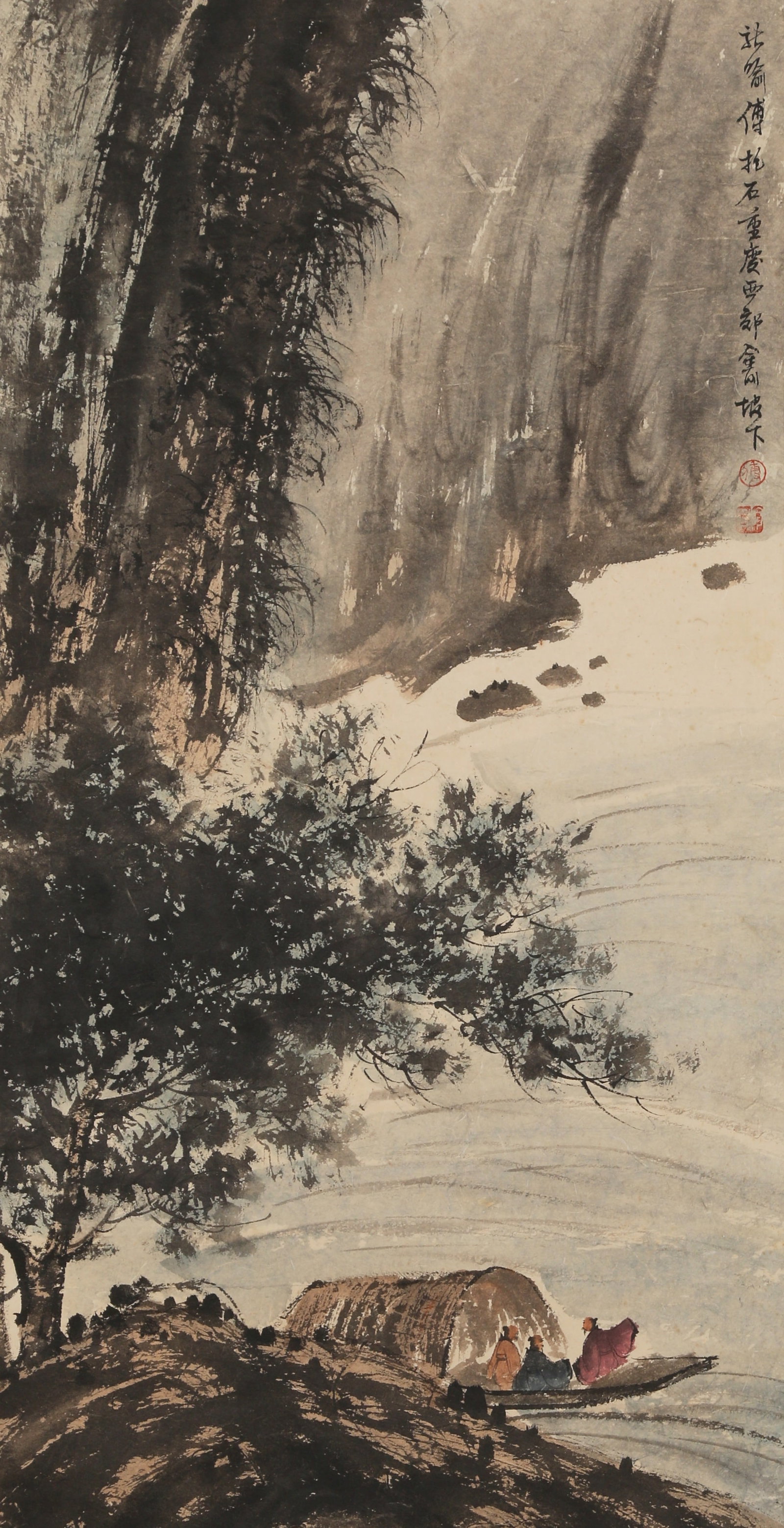 A LANDSCAPE PAINTING ON PAPER BY FU BAOSHI.傅抱石: Landscape painting on paper by Fu Baoshi.傅抱石