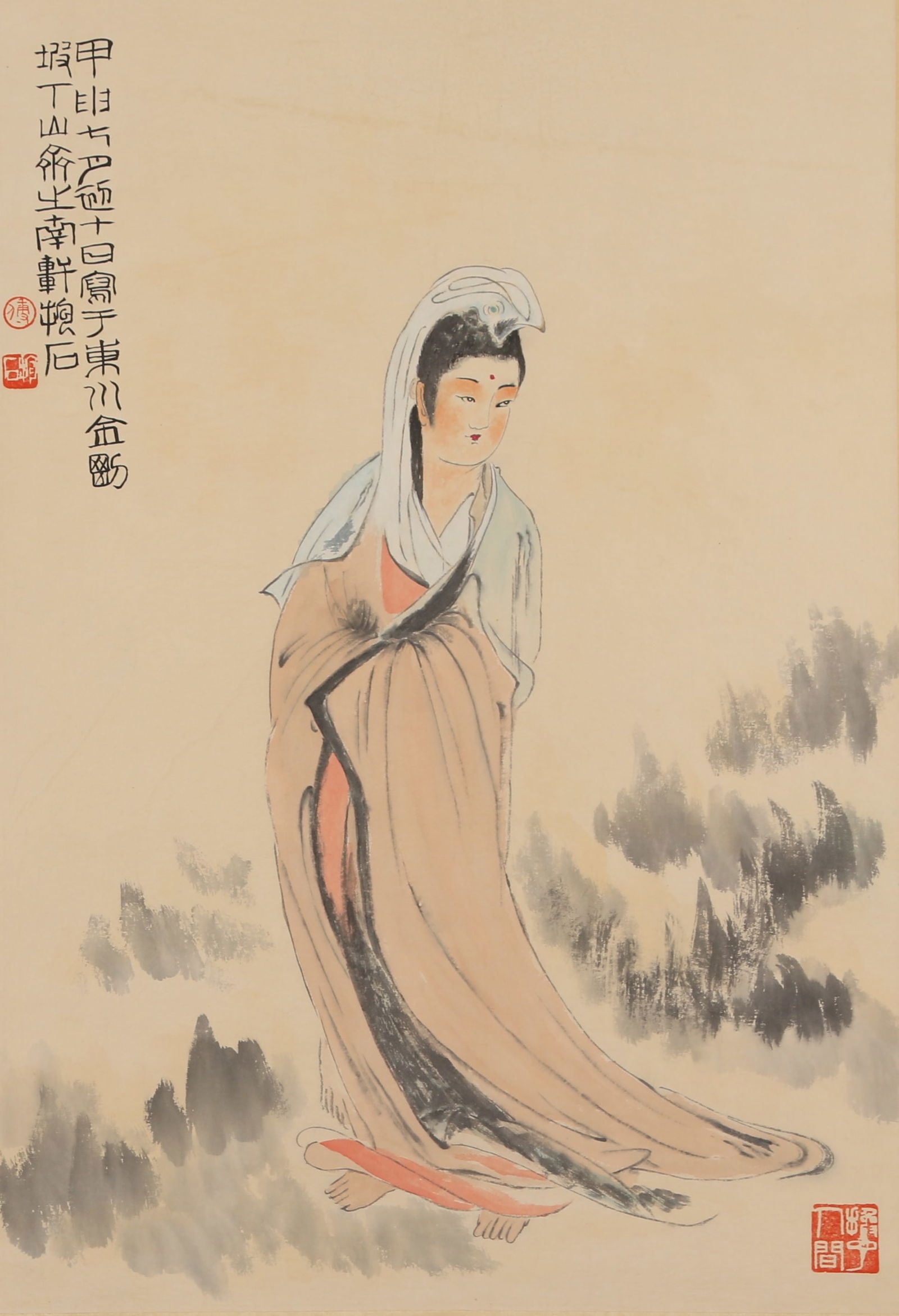 A GUANYIN PAINTING ON PAPER BY FU BAOSHI.傅抱石: Guanyin Painting on Paper by Fu Baoshi.傅抱石