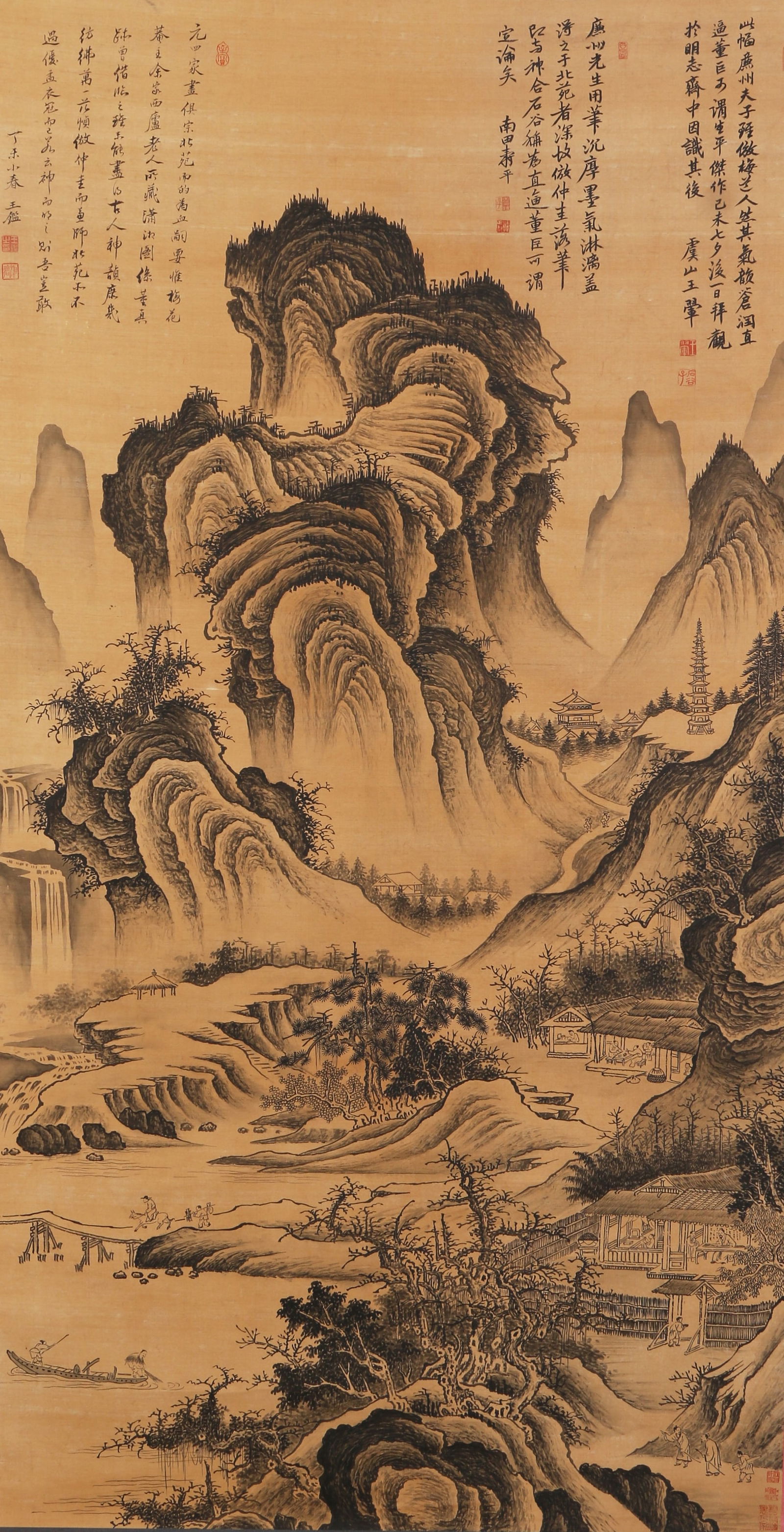A LANDSCAPE PAINTING ON SILK BY WANG HUI.王翚: Landscape Painting on Silk by Wang Hui.王翚
