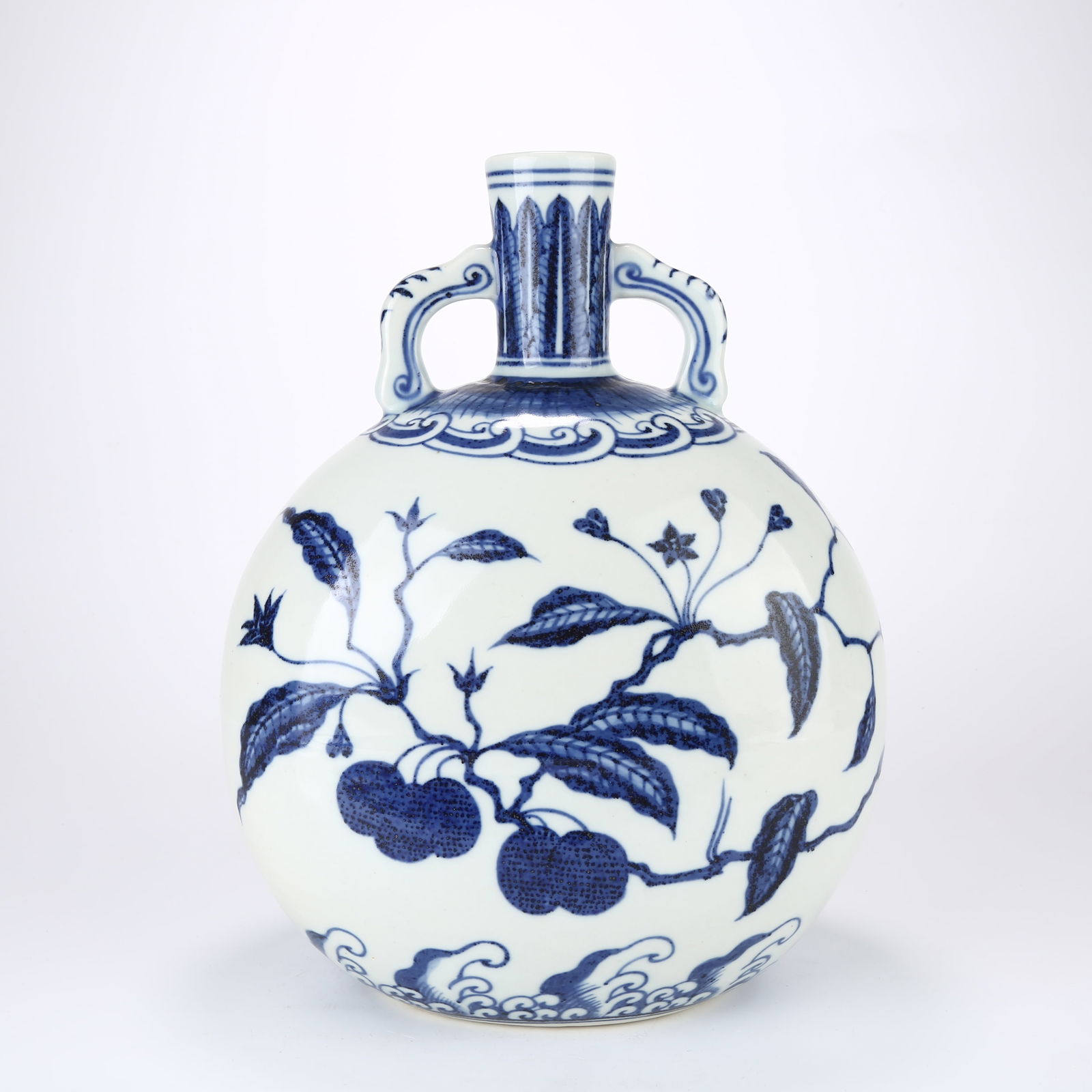 A BLUE AND WHITE MOON FLASK WITH LYCHEE DESIGN: Blue and White Moon Flask with Lychee Design