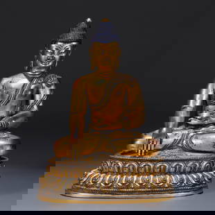 A BRONZE-GILDED SHAKYAMUNI BUDDHA STATUE: Bronze-Gilded Shakyamuni Buddha Statue