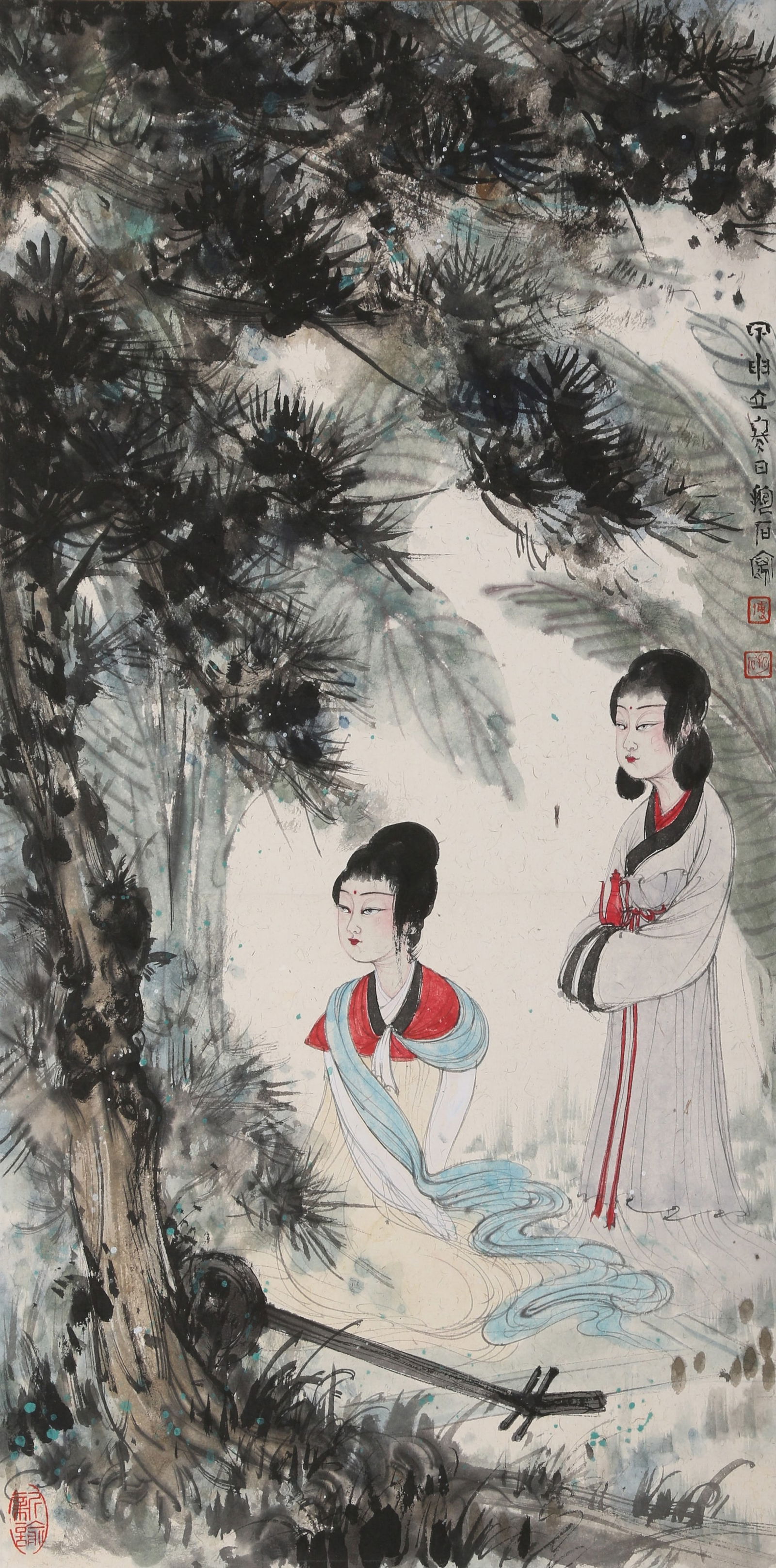 A PAINTING OF LADIES ON PAPER BY FU BAOSHI.傅抱石: Painting of Ladies on Paper by Fu Baoshi.傅抱石