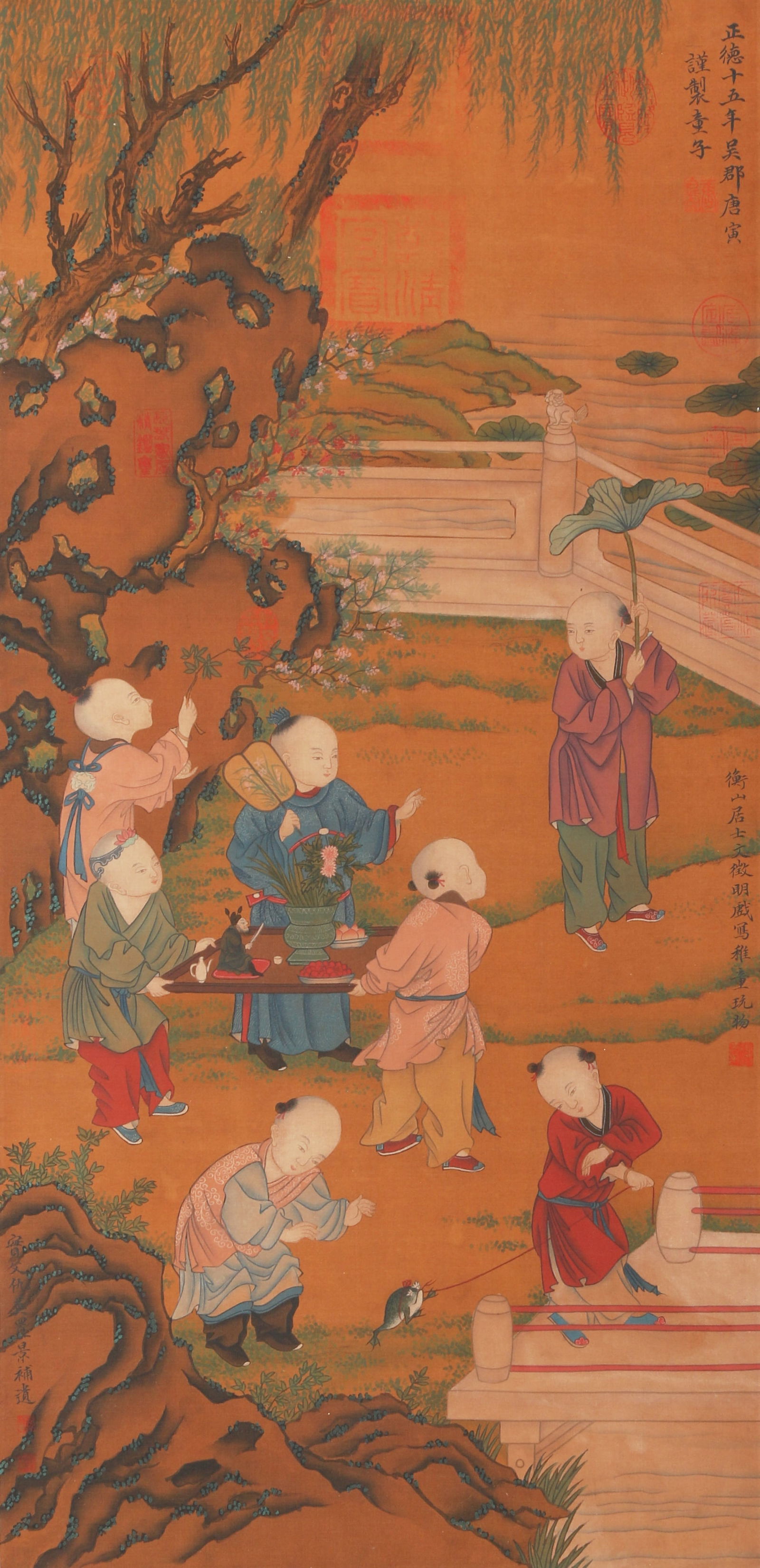 A CHILDREN AT PLAY PAINTING ON SILK BY QIU YING AND TANG BOHU (COLLABORATIVE WORK).仇英: Children at Play Painting on Silk by Qiu Ying and Tang Bohu (collaborative work).仇英 唐伯虎