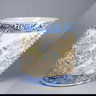 A SOFT-COLORED BRUSH POT WITH LANDSCAPE DESIGN: Soft-colored brush pot with landscape design