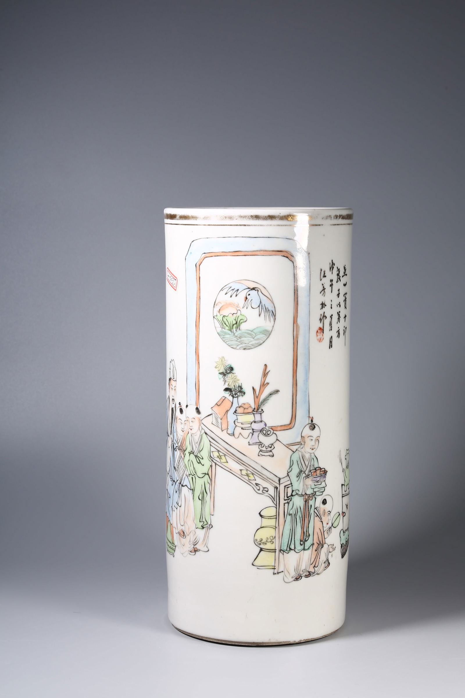 A FAMILLE ROSE FIGURE STORY HAT TUBE: Famille rose figure story hat tube