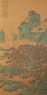 A LANDSCAPE AND FIGURE PAINTING ON SILK BY ZHANG DAQIAN.张大千: Landscape and Figure Painting on Silk by Zhang Daqian.张大千 PROVENANCE:A remarkable and deeply personal provenance accompanies its history back to two influential figures in Chinese