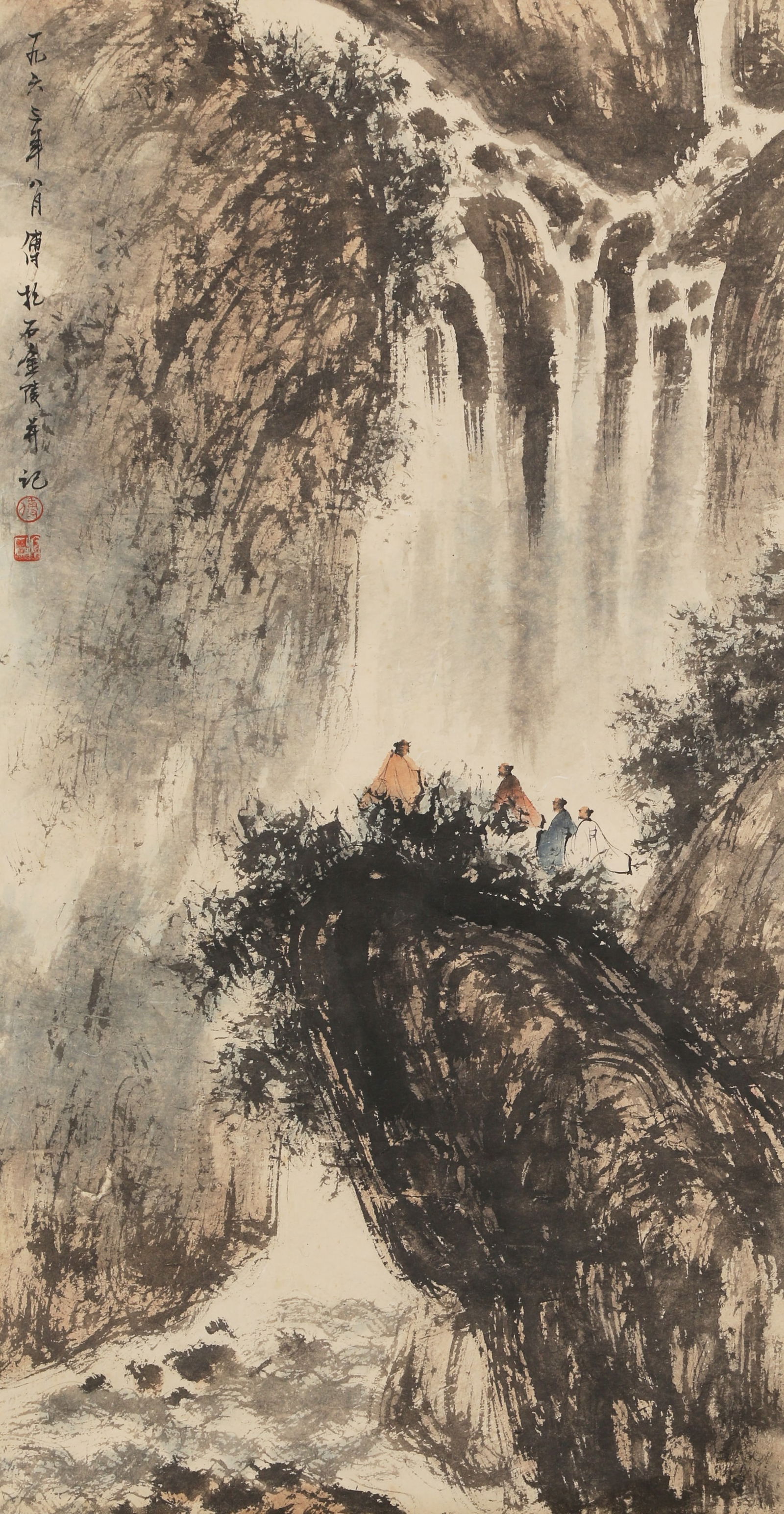 A LANDSCAPE AND FIGURE PAINTING ON PAPER BY FU BAOSHI.傅抱石: Landscape and figure painting on paper by Fu Baoshi.傅抱石