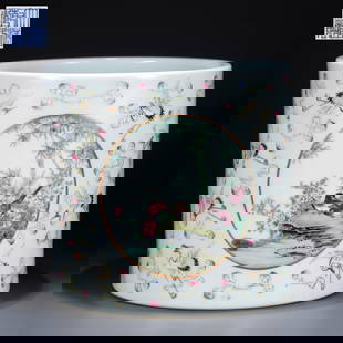 A FAMILLE ROSE BRUSH POT WITH FLORAL AND BIRD PANELS: Famille rose brush pot with floral and bird panels