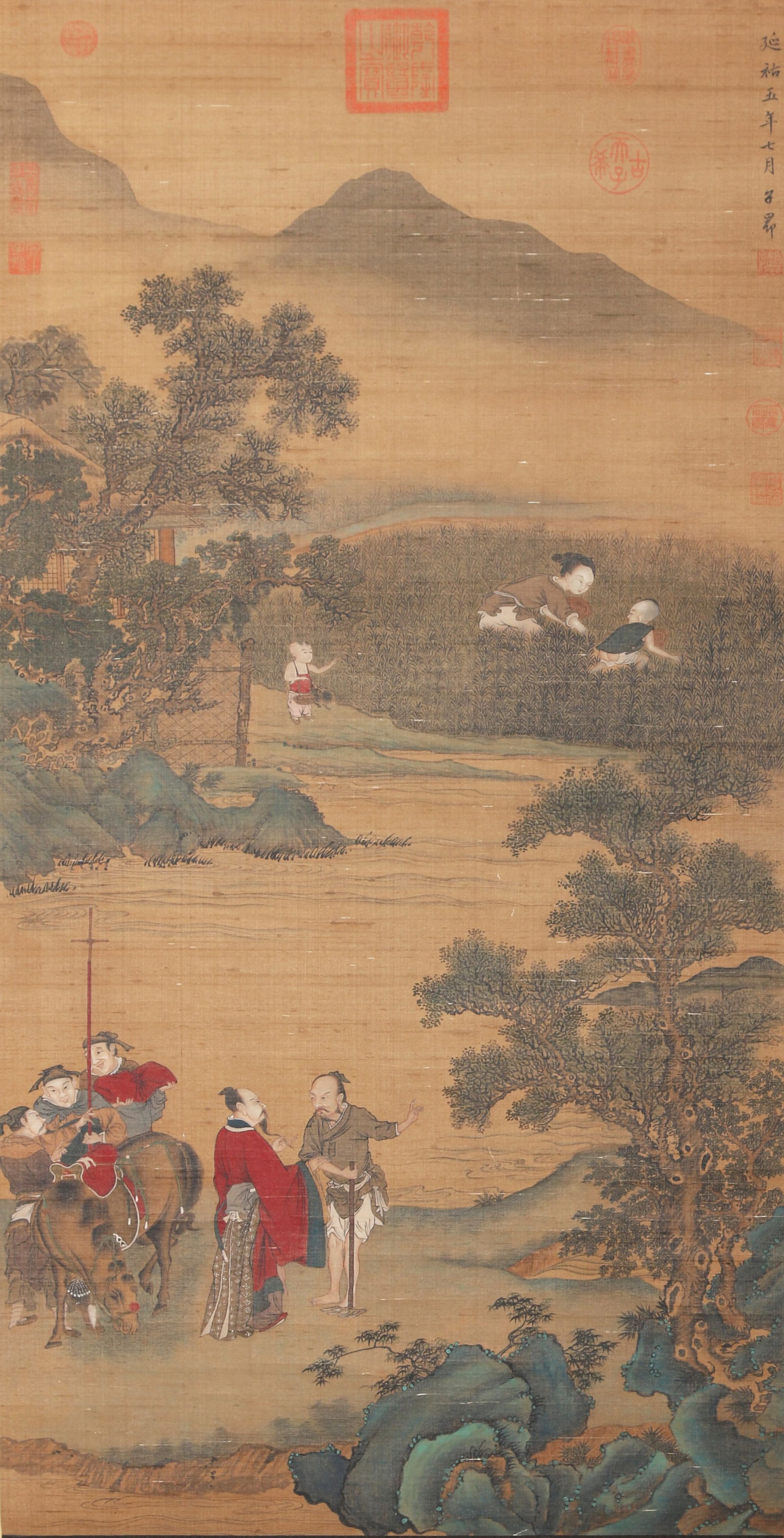 A FIGURE STORY PAINTING ON SILK BY ZHAO MENGFU.赵孟頫: Figure story painting on silk by Zhao Mengfu.赵孟頫