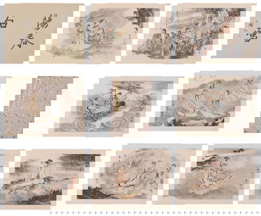 A FIGURE ALBUM ON PAPER (9 LEAVES) BY FU BAOSHI.傅抱石: Figure Album on Paper (9 leaves) by Fu Baoshi.&#20613;&#25265;&#30707;