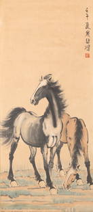 A TWO STEEDS PAINTING ON PAPER BY XU BEIHONG.徐悲鸿: Two Steeds Painting on Paper by Xu Beihong.&#24464;&#24754;&#40511;