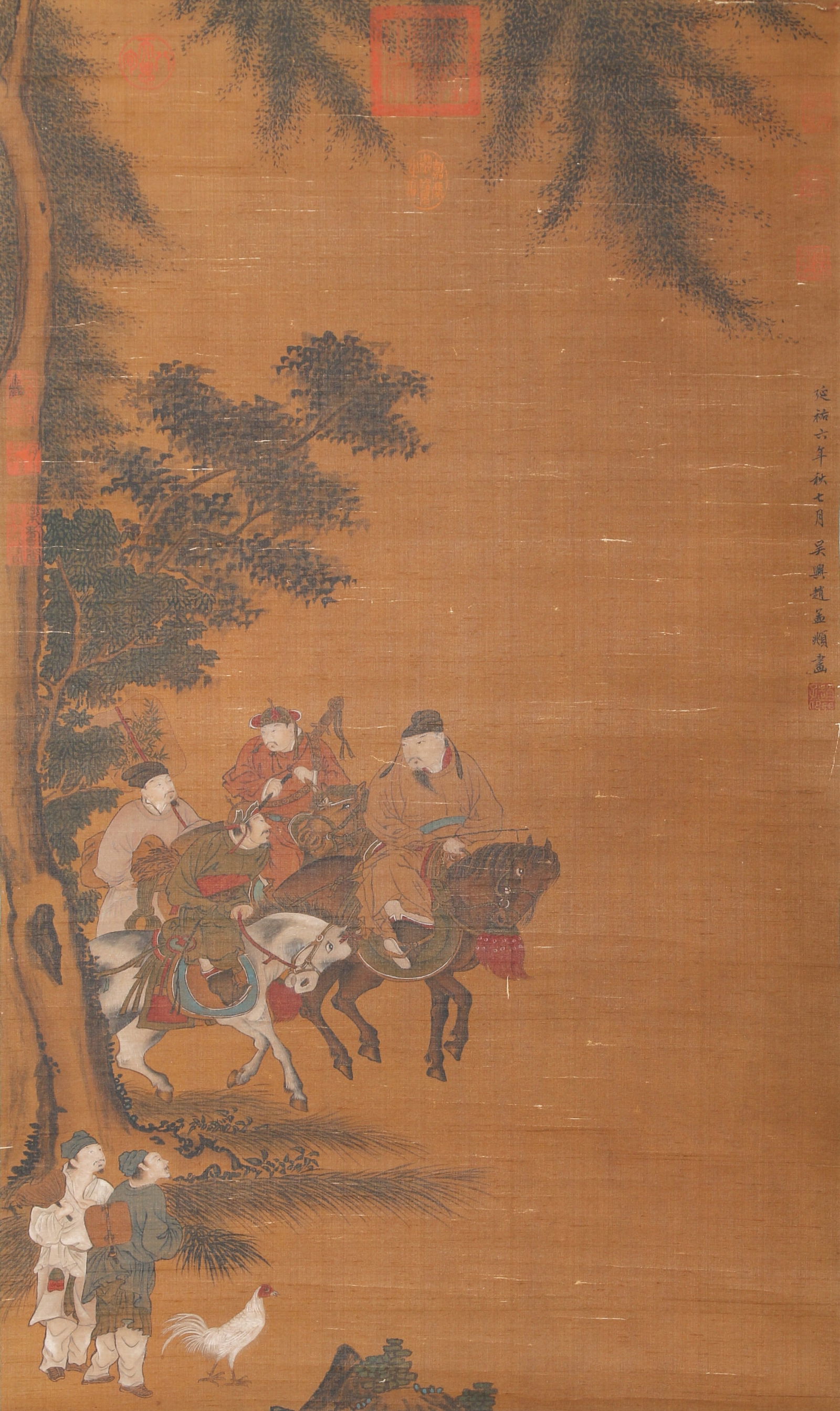 A TRAVEL PAINTING ON SILK BY ZHAO MENGFU.赵孟頫: Travel painting on silk by Zhao Mengfu.赵孟頫