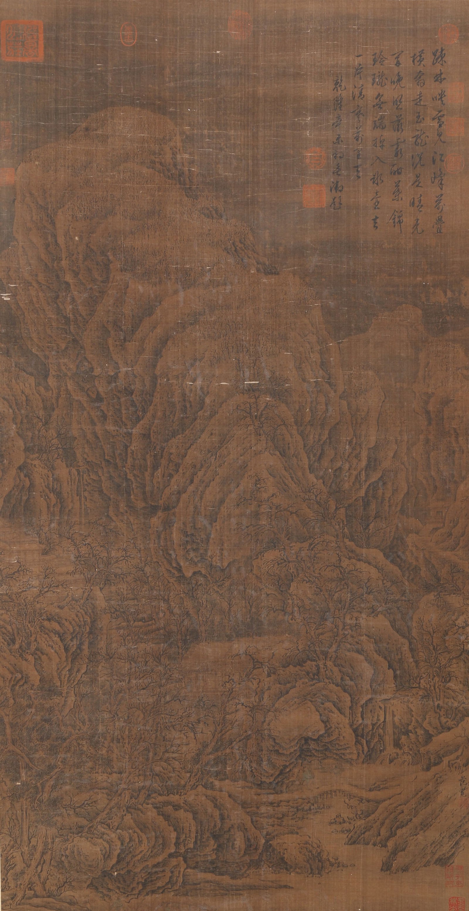 A LANDSCAPE PAINTING ON SILK BY FAN KUAN.范宽: Landscape Painting on Silk by Fan Kuan.范宽