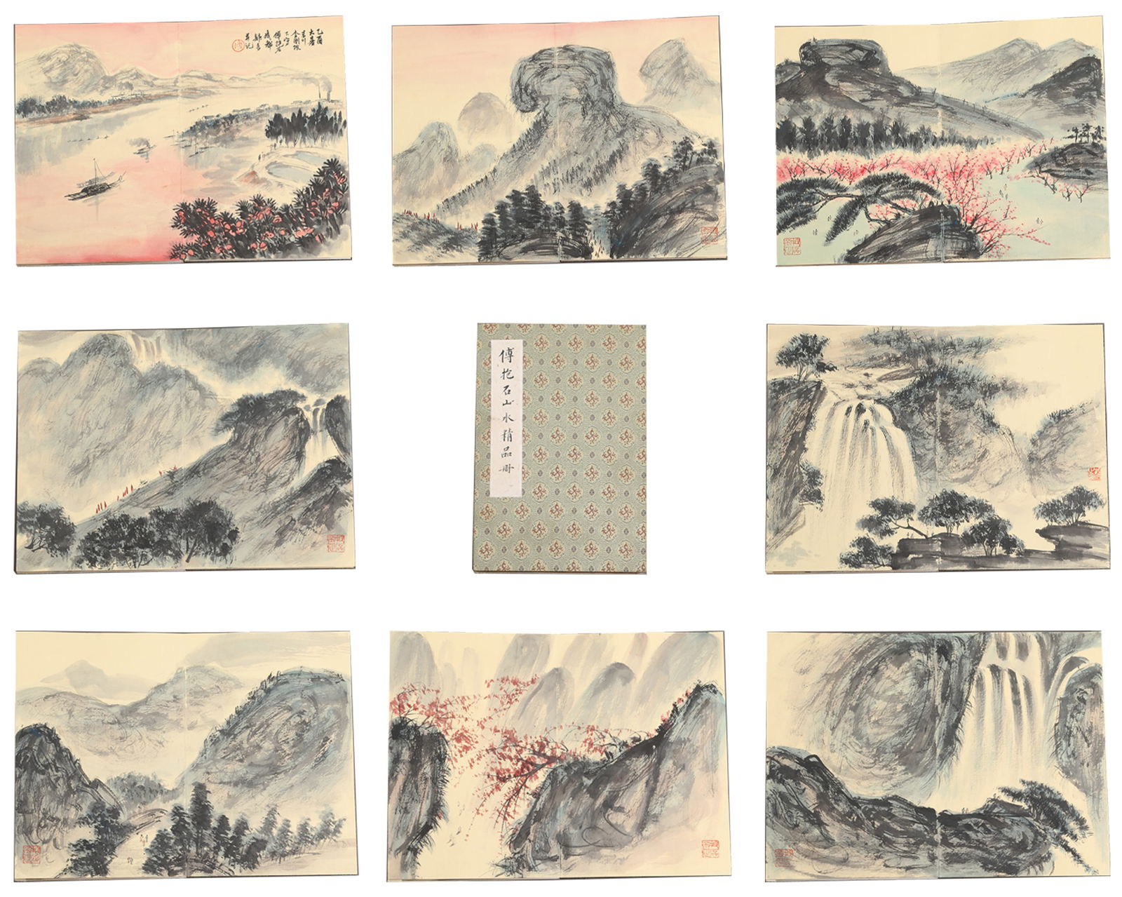 A LANDSCAPE PAINTING ALBUM ON PAPER (9 PAGES) BY FU BAOSHI.傅抱石: Landscape Painting Album on Paper (9 pages) by Fu Baoshi.傅抱石