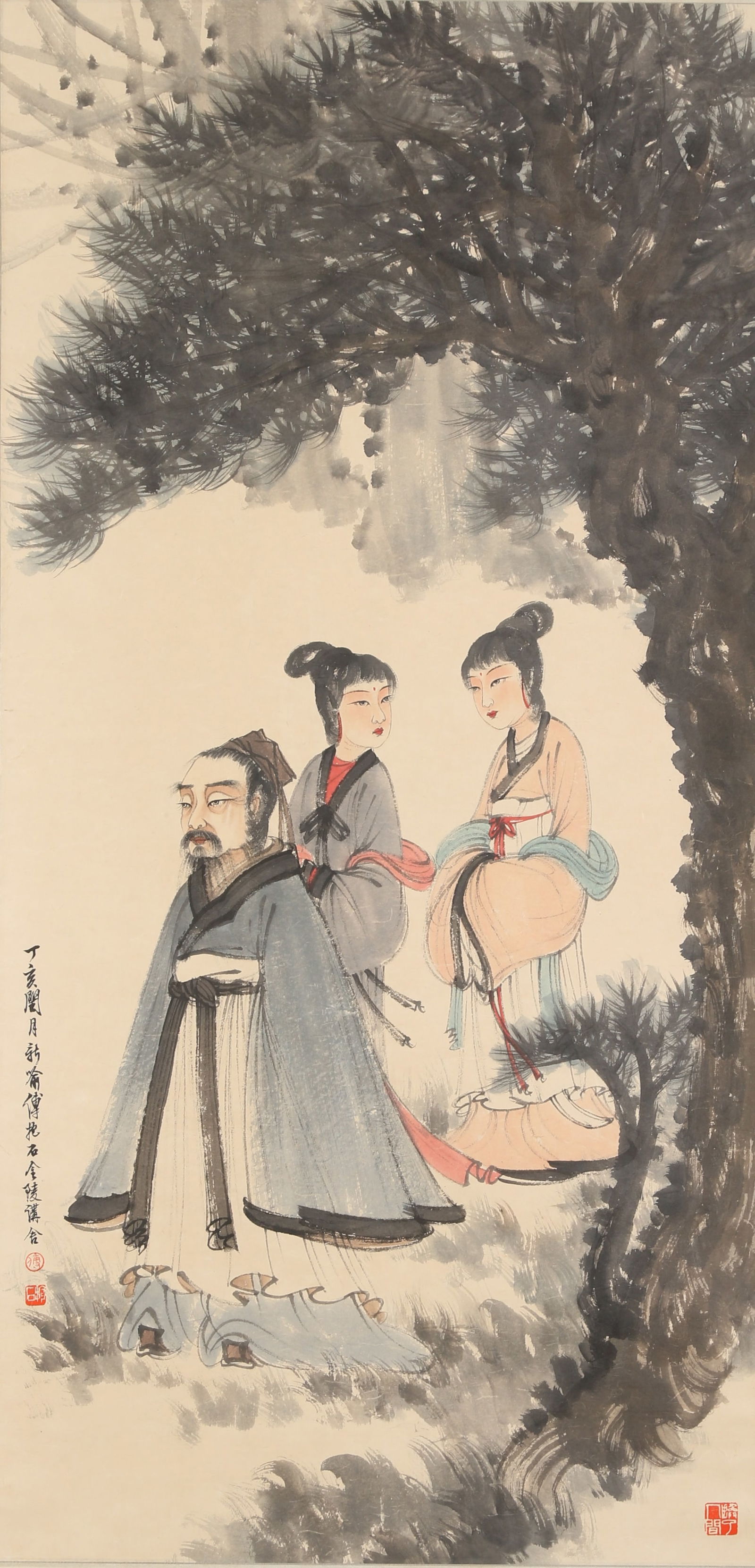 A FOUR-FOOT FIGURES PAINTING ON PAPER BY FU BAOSHI.傅抱石: Four-Foot Figures Painting on Paper by Fu Baoshi.傅抱石