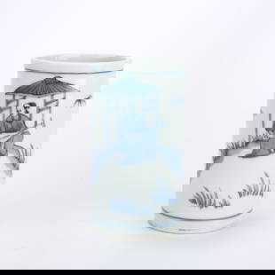 A BLUE AND WHITE BRUSH POT WITH FIGURE DESIGN: Blue and white brush pot with figure design