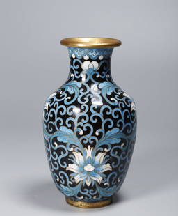 A BRONZE-BODY CLOISONNÉ ENAMEL VASE FOR APPRECIATION WITH INTERTWINED FLORAL DESIGN: Bronze-Body Cloisonné Enamel Vase for Appreciation with Intertwined Floral Design