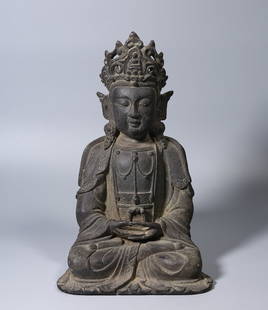 A BRONZE SEATED STATUE OF GUANYIN BODHISATTVA: Bronze Seated Statue of Guanyin Bodhisattva