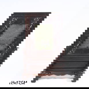 A ZITAN WOOD TABLE SCREEN INLAID WITH DUAN STONE: Zitan Wood Table Screen Inlaid with Duan Stone
