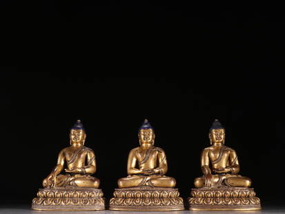 A GILT BRONZE THREE TREASURES BUDDHA, QING DYNASTY: Gilt Bronze Three Treasures Buddha, Qing Dynasty