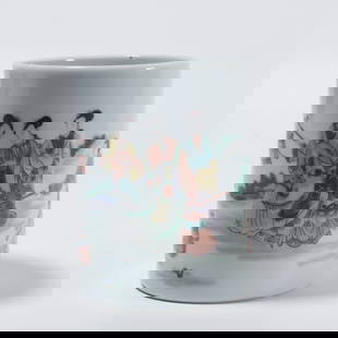 A FAMILLE ROSE BRUSH POT WITH FIGURE STORY DESIGN: Famille rose brush pot with figure story design