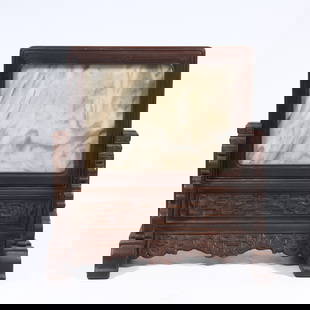 A ZITAN WOOD TABLE SCREEN INLAID WITH MARBLE: Zitan Wood Table Screen Inlaid with Marble