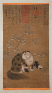 A PLAYFUL CATS PAINTING ON SILK BY EMPEROR HUIZONG OF SONG.宋徽宗: Playful Cats Painting on Silk by Emperor Huizong of Song.&#23435;&#24509;&#23447;