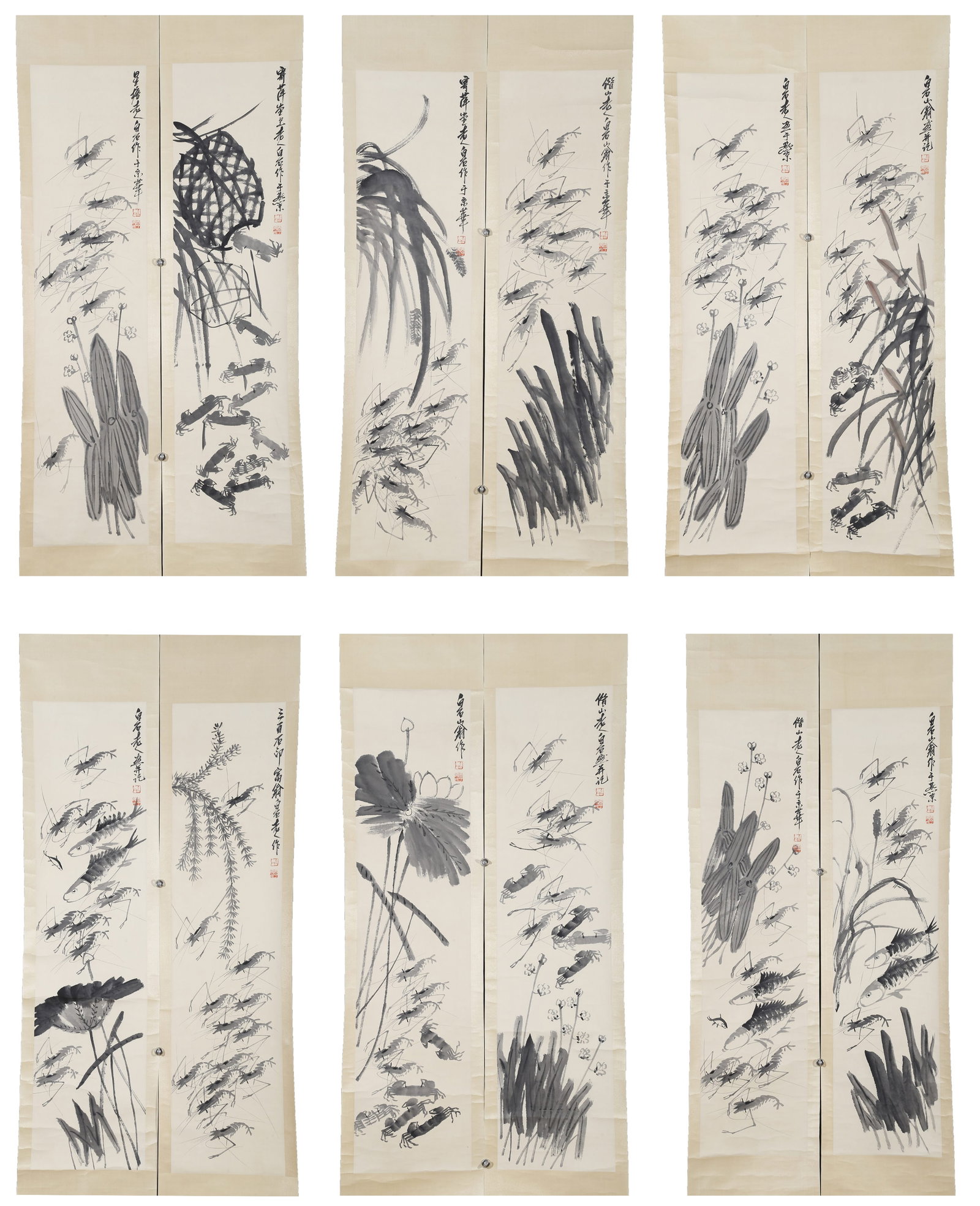A SHRIMP PAINTINGS ON PAPER BY QI BAISHI (12 WORKS).齐白石: Shrimp Paintings on Paper by Qi Baishi (12 works).齐白石