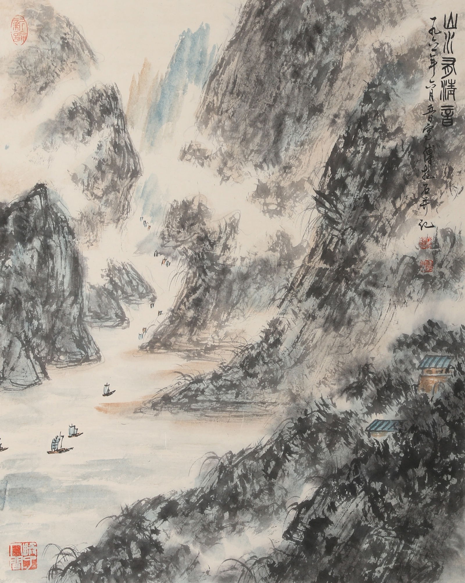 A LANDSCAPE PAINTING ON PAPER BY FU BAOSHI.傅抱石: Landscape Painting on Paper by Fu Baoshi.傅抱石